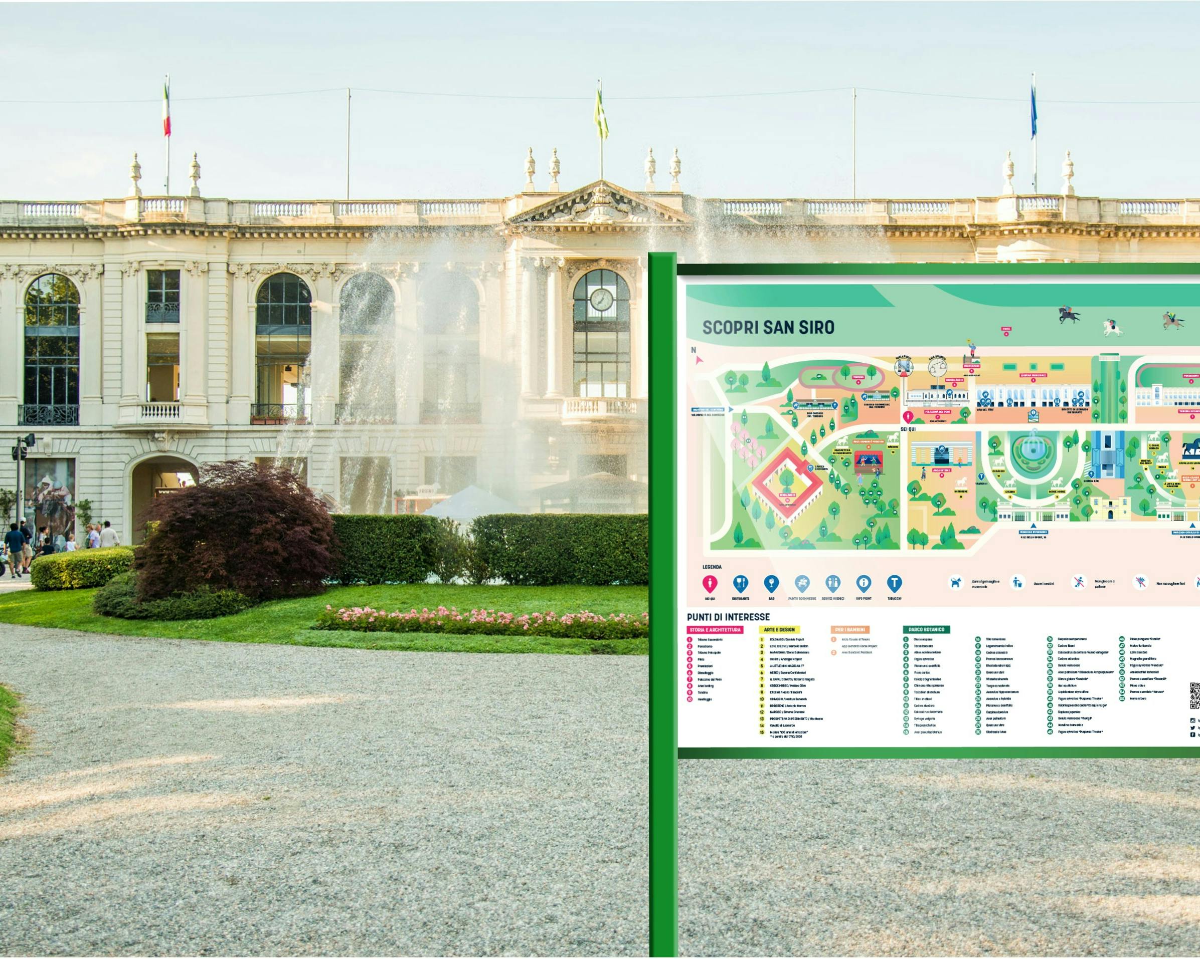 Una mappa informativa colorata sormonta un percorso di ghiaia che conduce a un imponente edificio classico con una grande fontana, situato in un parco ben curato.
