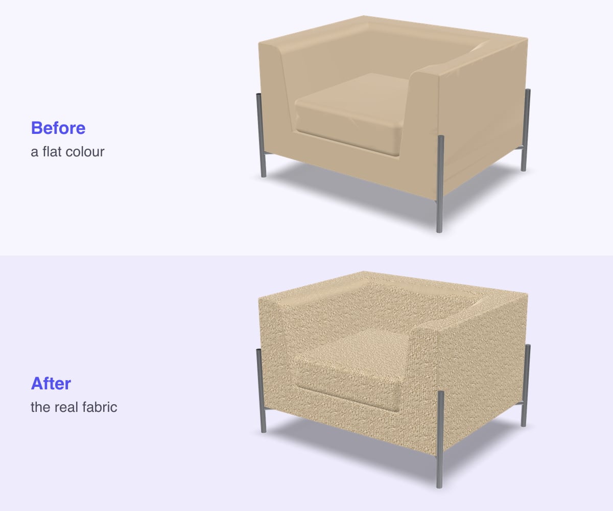 The same armchair twice: on the left with a flat colour, on the right with the photo of the bouclé fabric, showing its texture