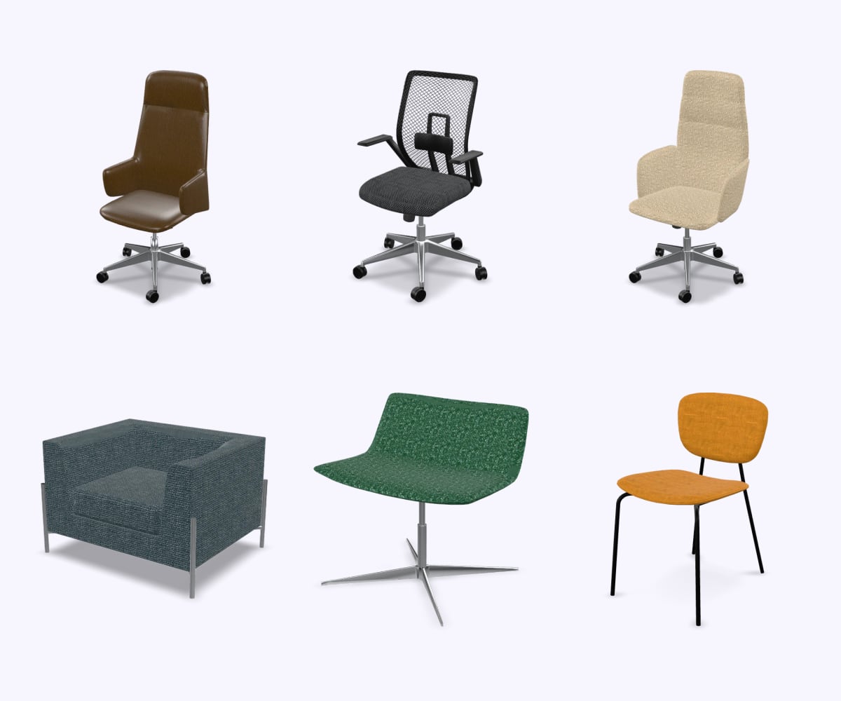 Le sei sedute del configuratore in 3D: tre poltrone da ufficio, una poltrona, una seduta lounge girevole e una sedia