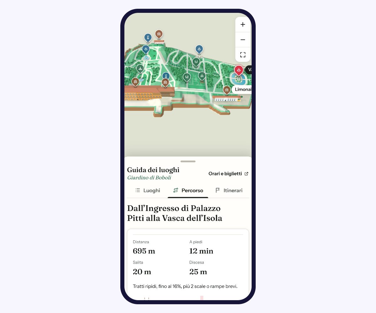 La guida su uno smartphone: in alto il giardino in 3D con i segnaposto, sotto il percorso dall'ingresso di Palazzo Pitti alla Vasca dell'Isola con distanza, tempo e salita