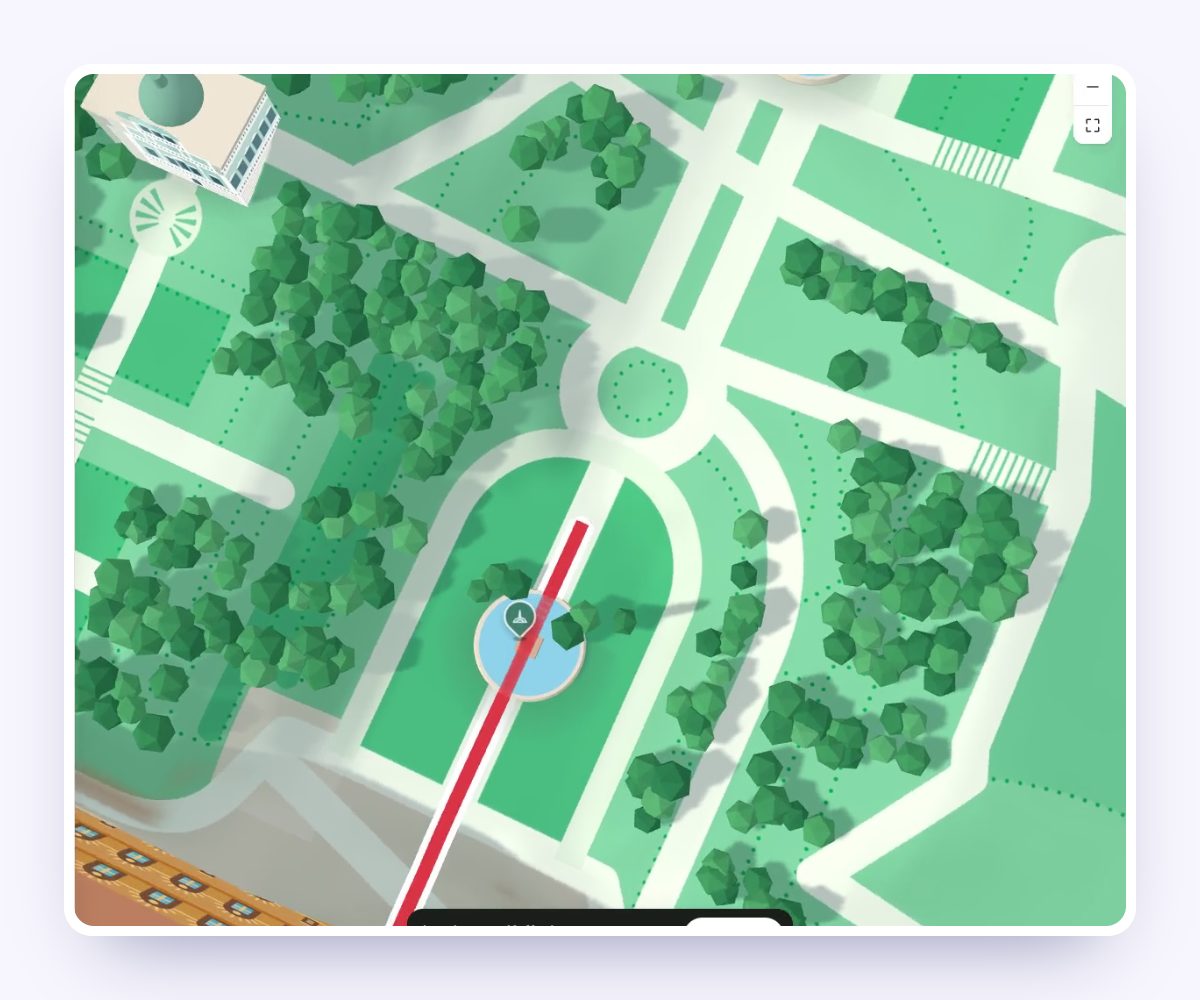 Il giardino di Boboli in 3D visto dall'alto durante il volo: alberi, viali, la vasca dell'Anfiteatro e la linea rossa del percorso