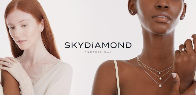 Skydiamond logo with two models wearing Skydiamond jewellery