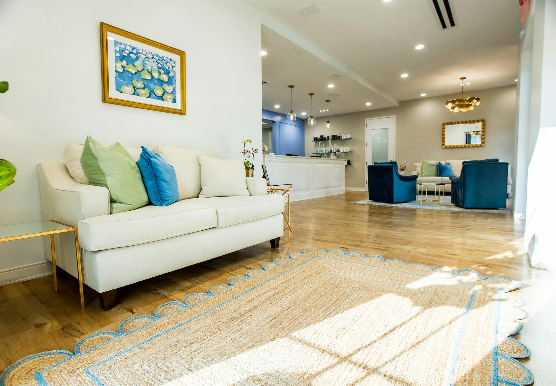 Palmetto Facial Plastics waiting room with a couch and a rug in it