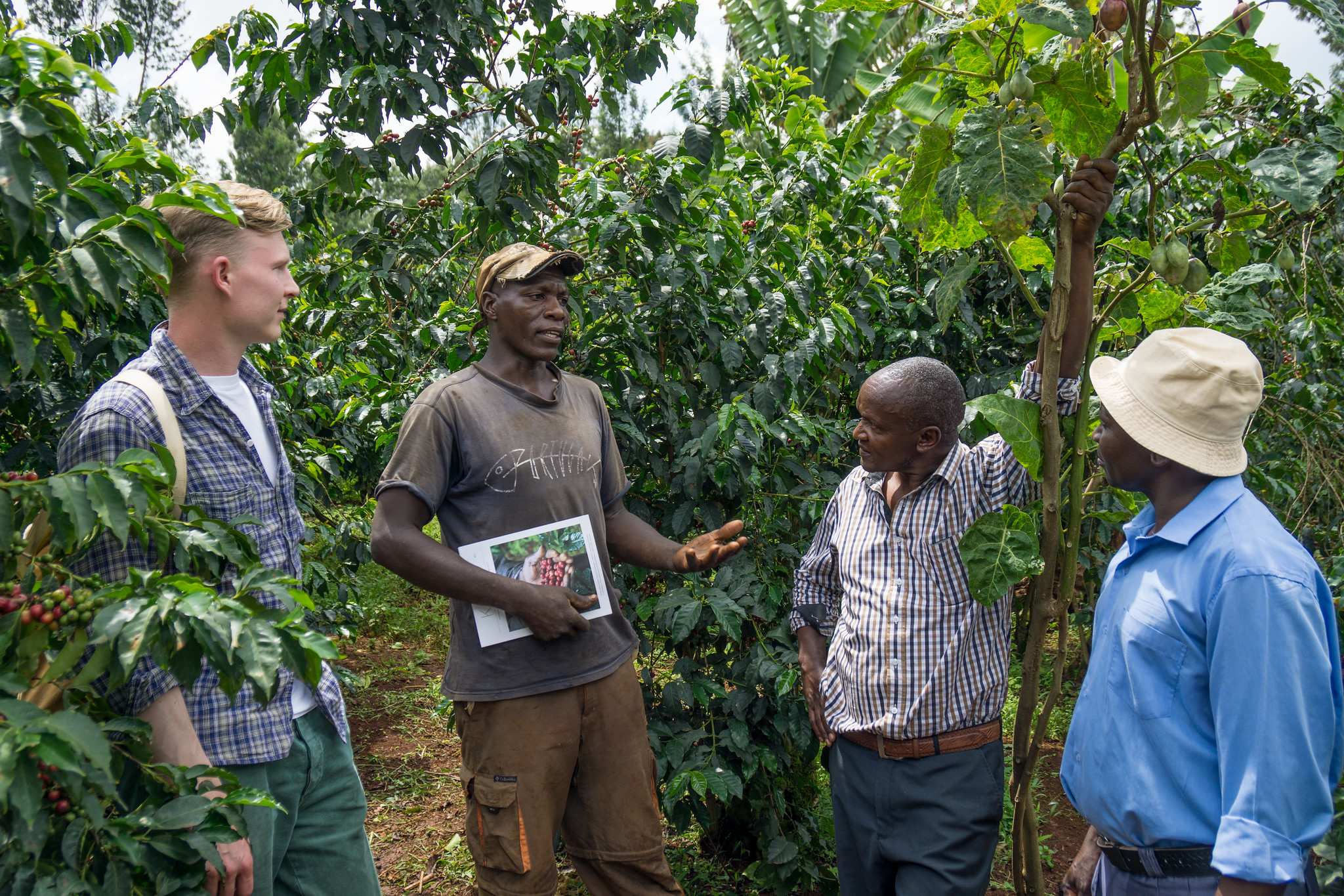 Kieni farmer Charles Kigunda Kimunya talking with Jospath, Charles and Jacob at his farm. The magazine he's holding is full of pictures from our last visit ti Kieni.