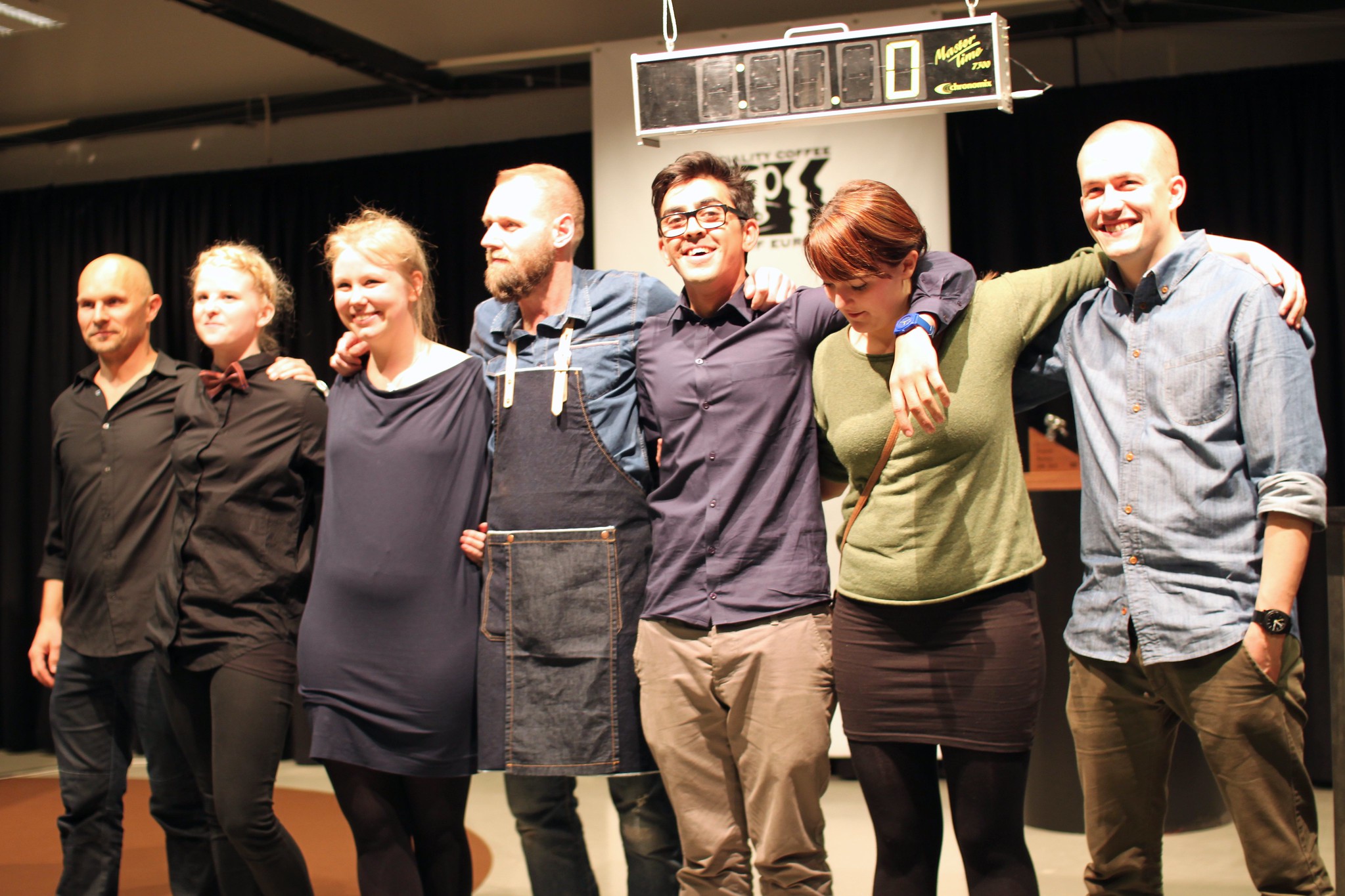 All seven competitors. From left to right: Allan Juhl, Maria Hagstrup, Sarah Lindqvist, Søren Stiller, Omar Maagaard Houssein, Katrine Deleuran Petersen and Rasmus Gamrath.