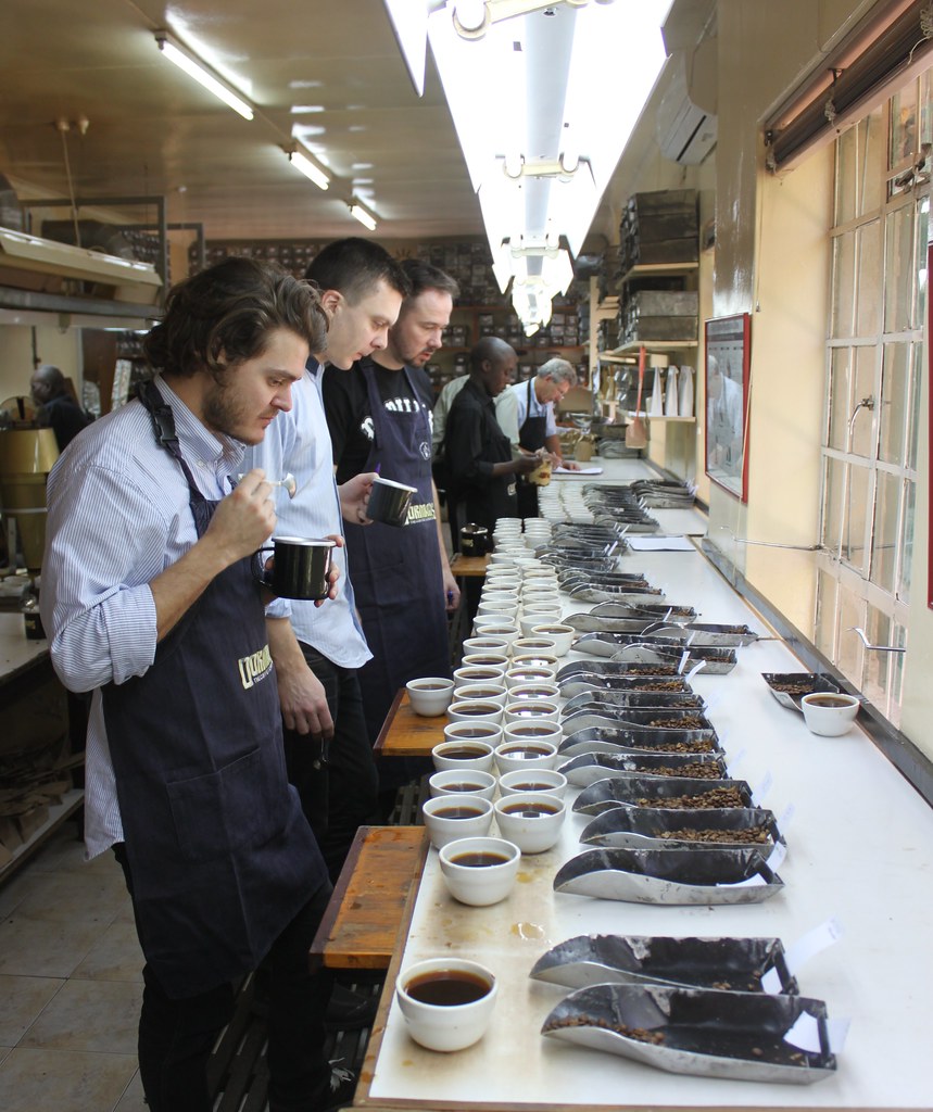 Day 1. Cupping at Dorman's in Nairobi. This was a superb way to get an overview of this years crop in Kenya. Everything from the low grade Mbunis (dry processed unripe cherries) to the Top AA lots. We cupped probably between 100 - 150 different lots that day. Behind Casper is Tim Wendelboe and Morten from Solberg&Hansen in Norway.