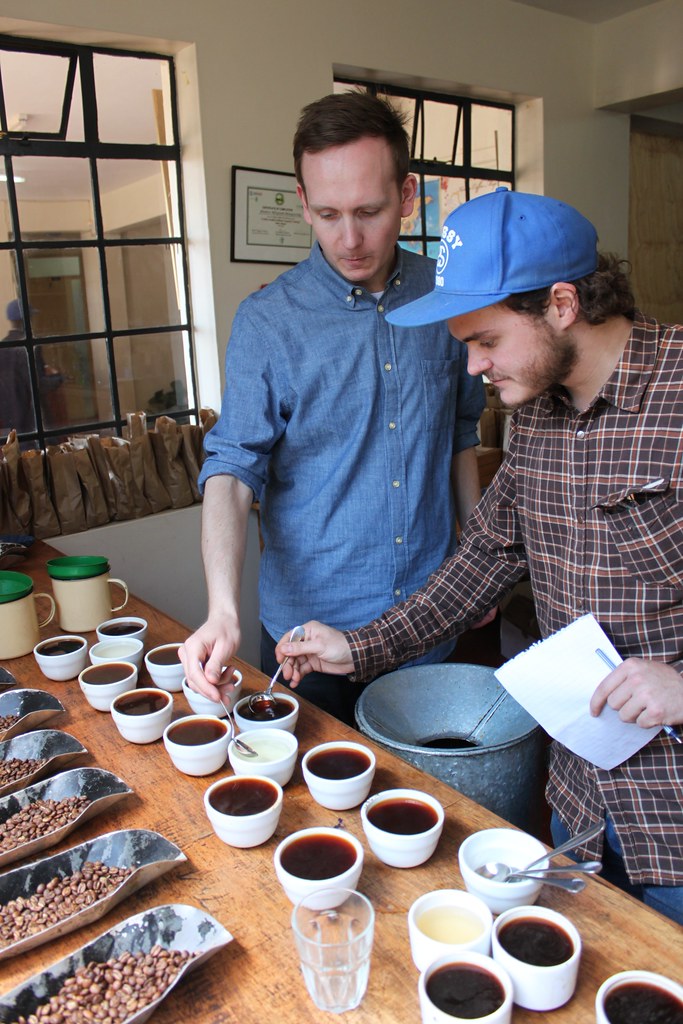 Klaus and Casper cupping, at the Central Kenya Coffee Mill, Nyeri, Kenya.