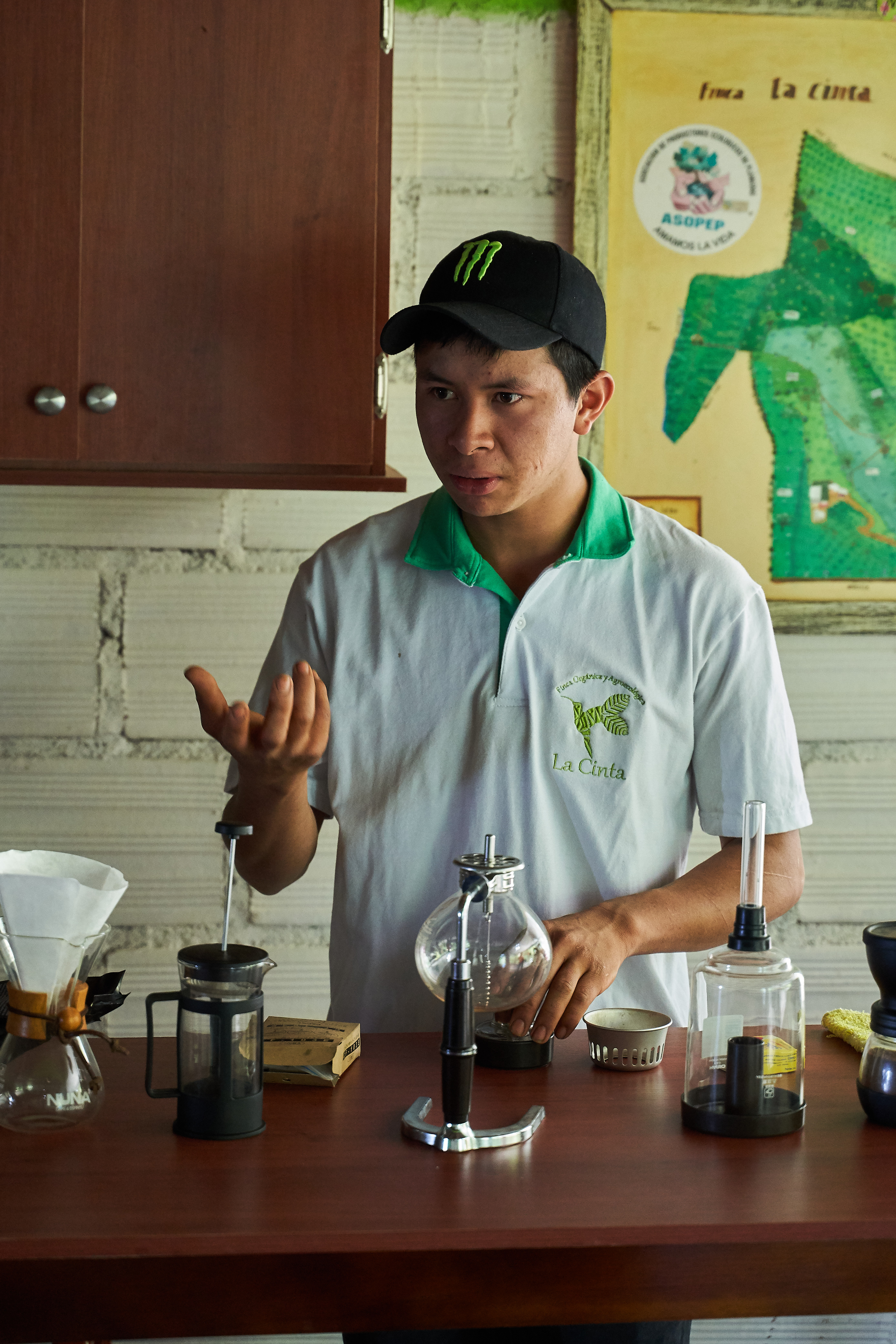 Nolberto's son brewing coffee