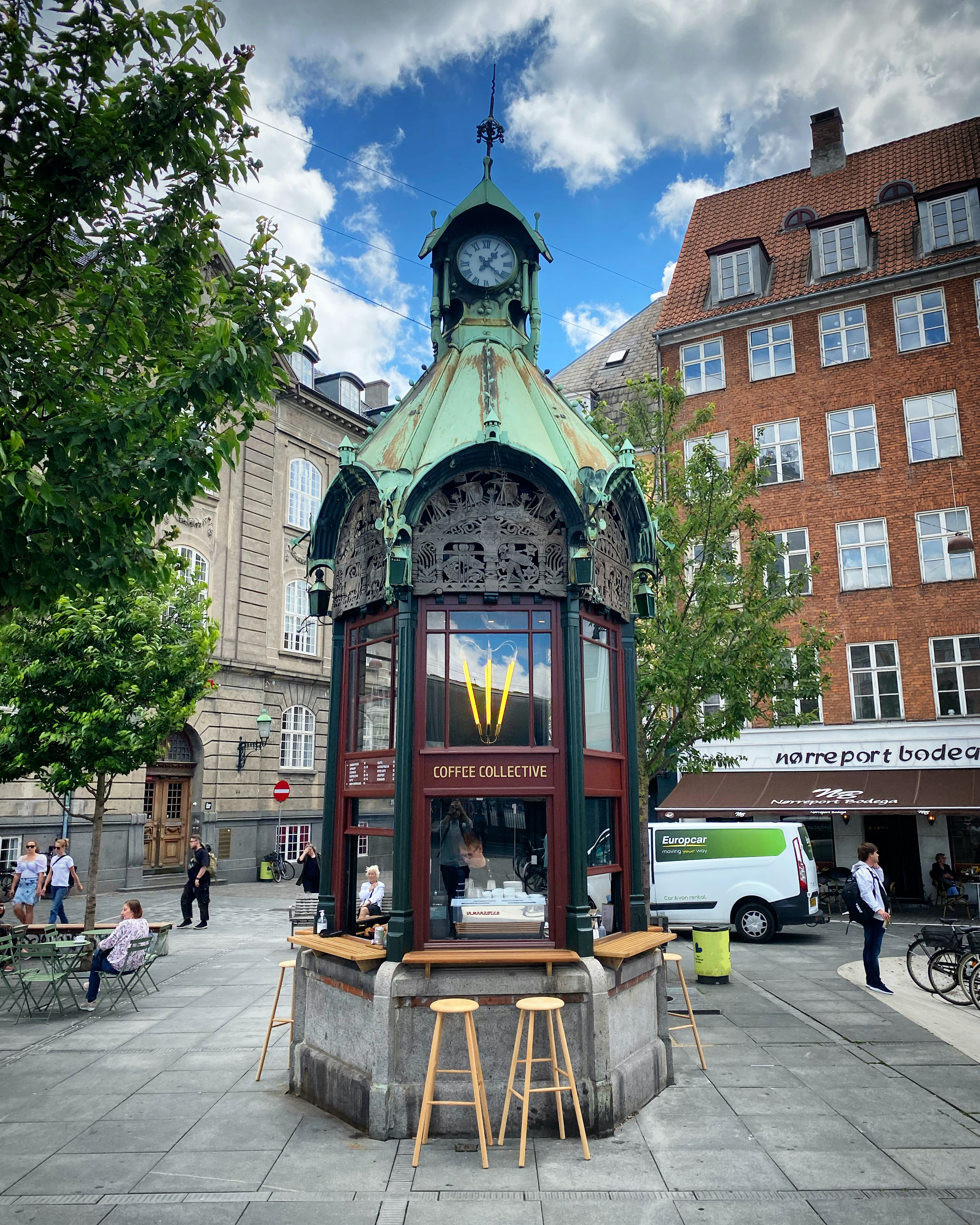 Telefonkiosken with it's clock on top, zodiac sign wood carvings and copper roof is an icon around Copenhagen