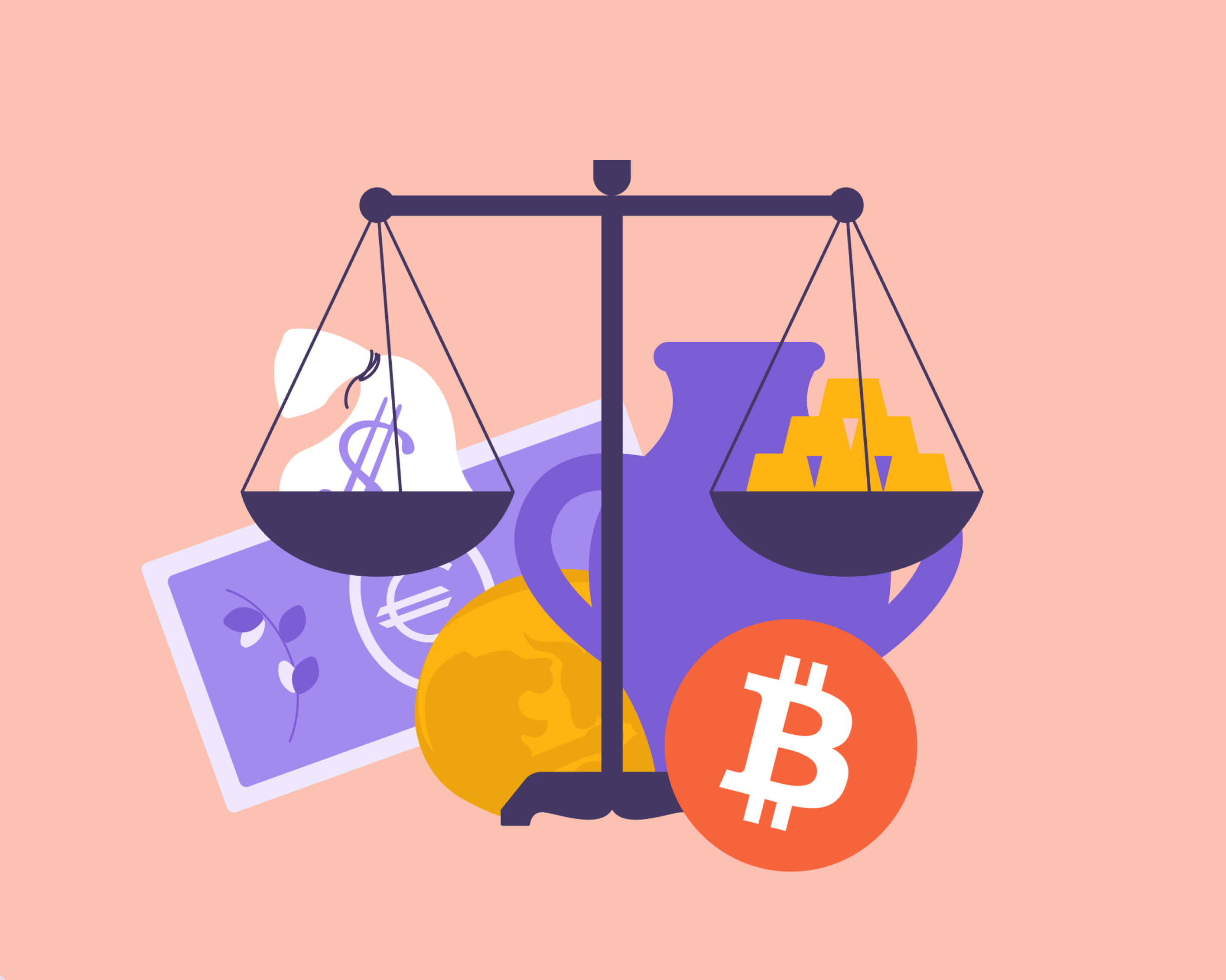 Übersicht der verschiedenen Etappen der Geldgeschichte, von Tonkrug, über Gold, bis Euro und Bitcoin.