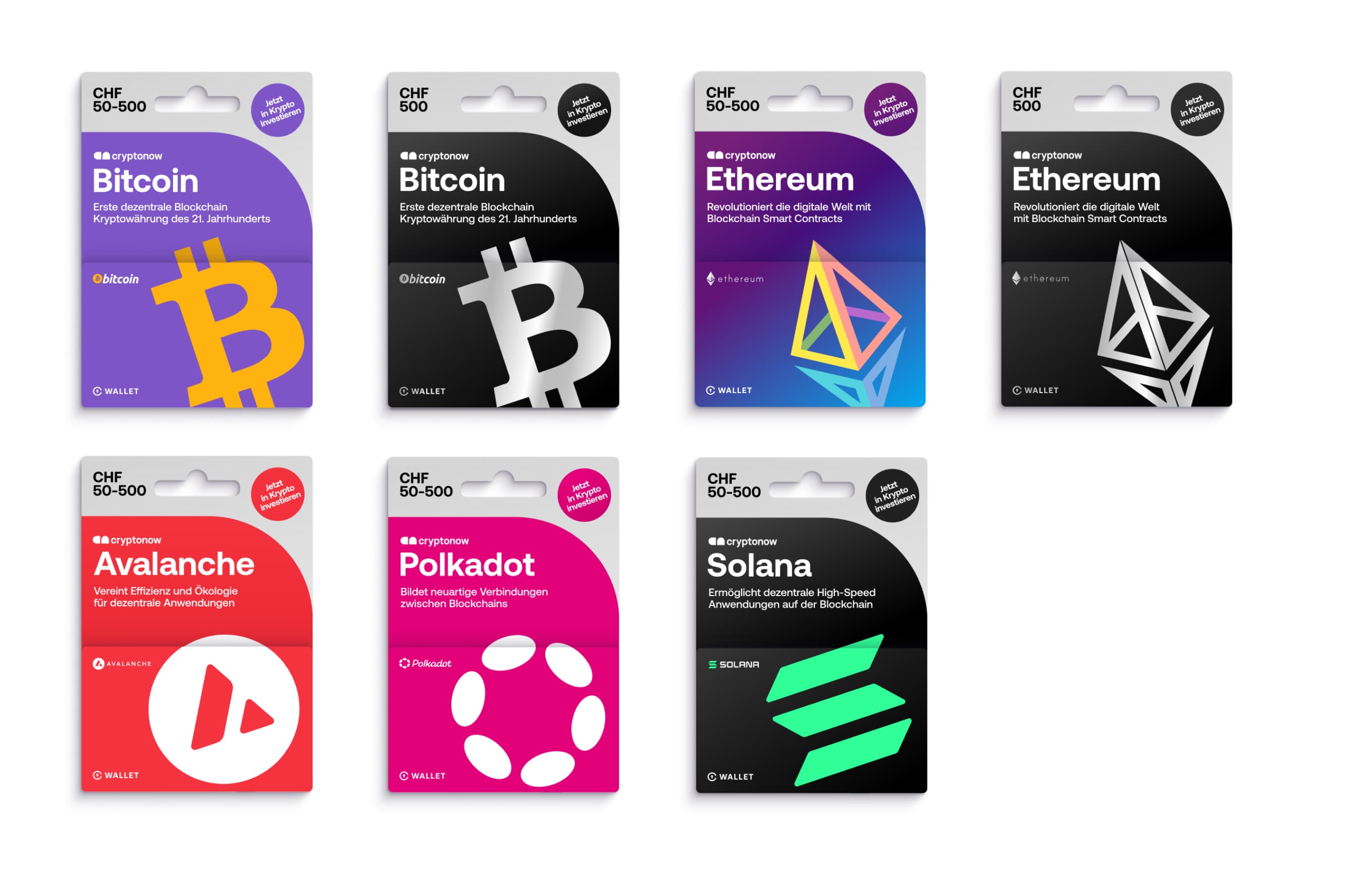 Verfügbare Währungen der Cryptonow Gutscheinkarte: Bitcoin, Ethereum, Avalanche, Polkadot, Solana