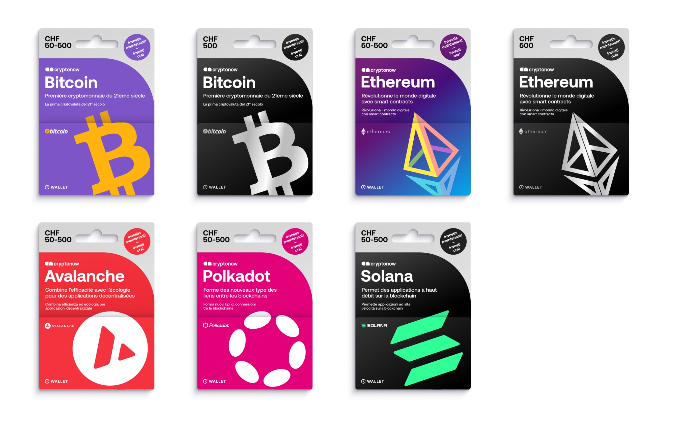 Devises disponibles sur la carte cadeau Cryptonow: Bitcoin, Ethereum, Avalanche, Polkadot, Solana