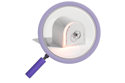 A magnifying glass pointing at a safe storage vault
