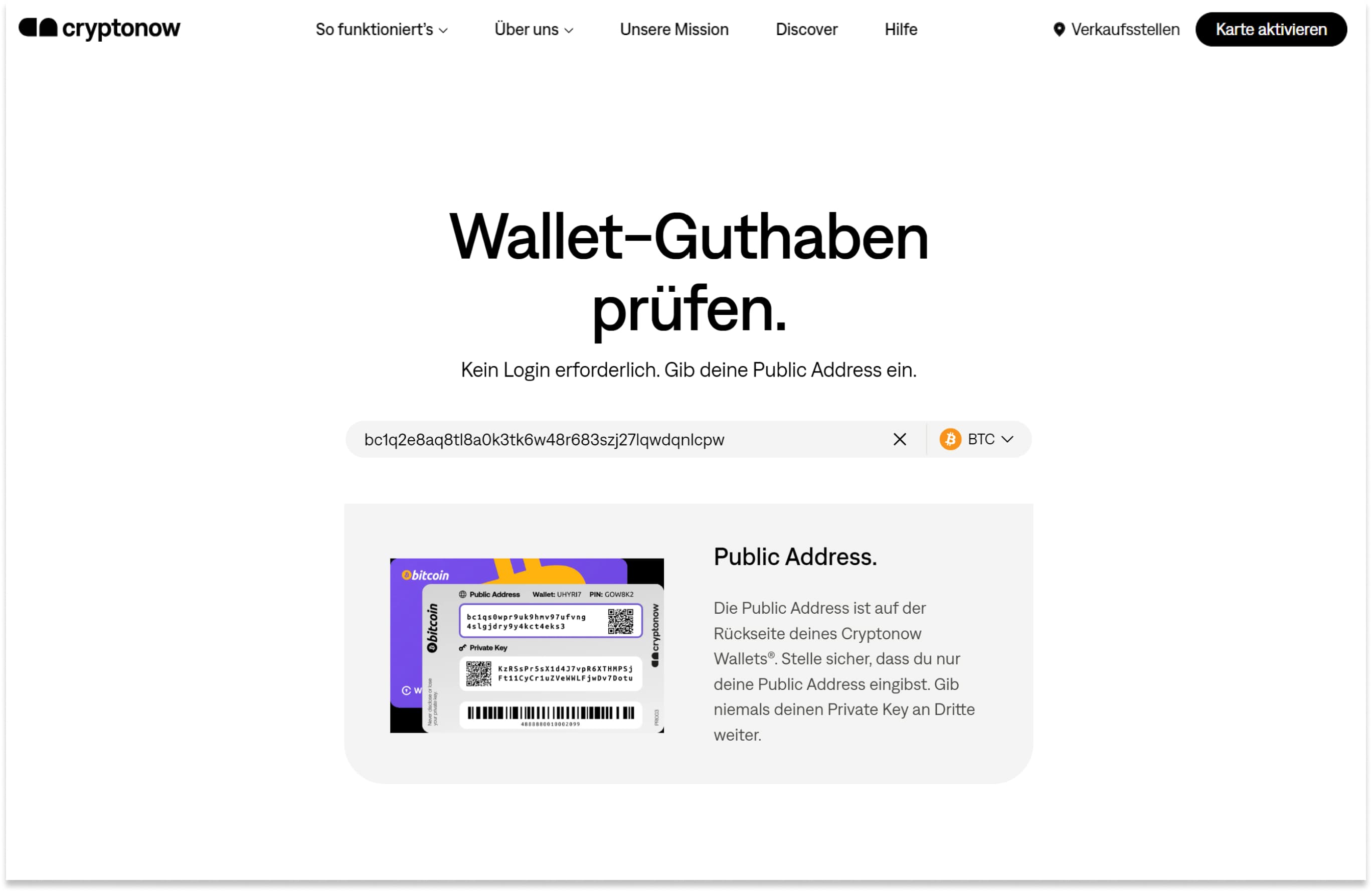 Screenshot so kann das Wallet Guthaben mit dem Public Key überprüft werden