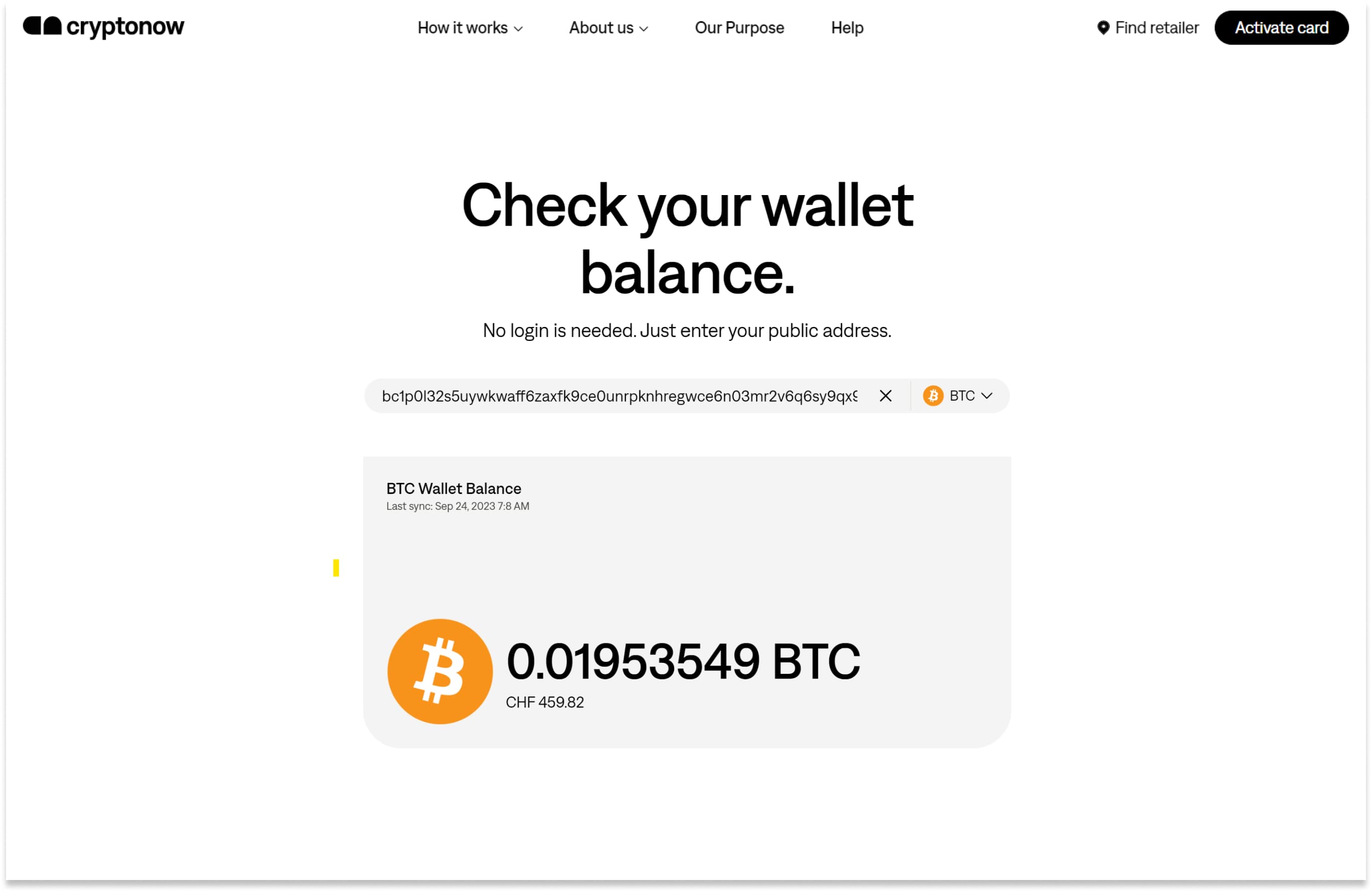 Results from the wallet balance tool: Displaying the queried wallet balance.