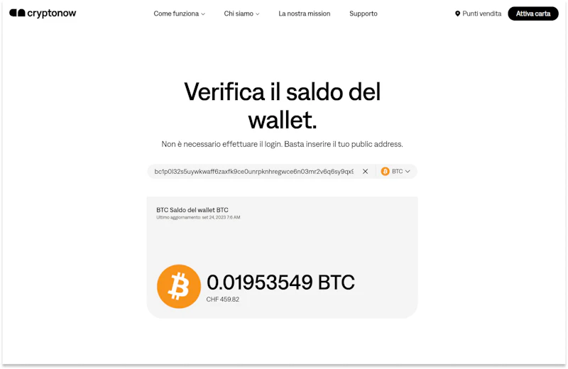 Risultati dell'attrezzo di verifica del saldo del wallet: Visualizzazione del saldo del wallet interrogato.