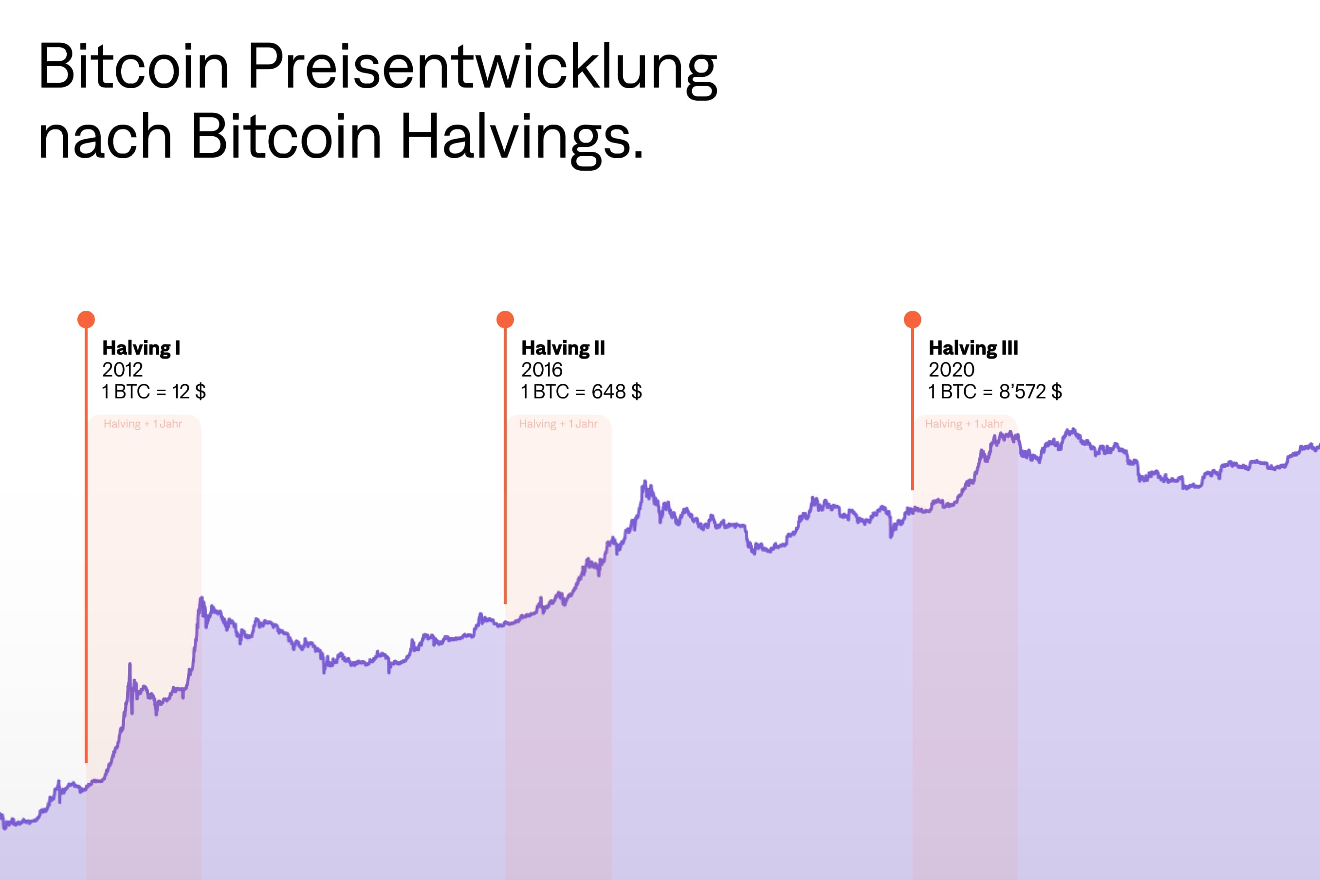 Violettter Bitcoin Chart mit Halvings und Preis in USD