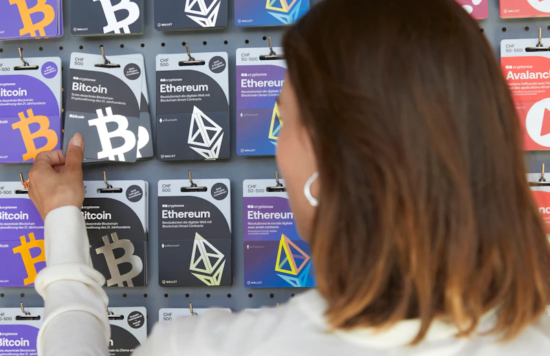 A person buys a Cryptonow gift card in the store
