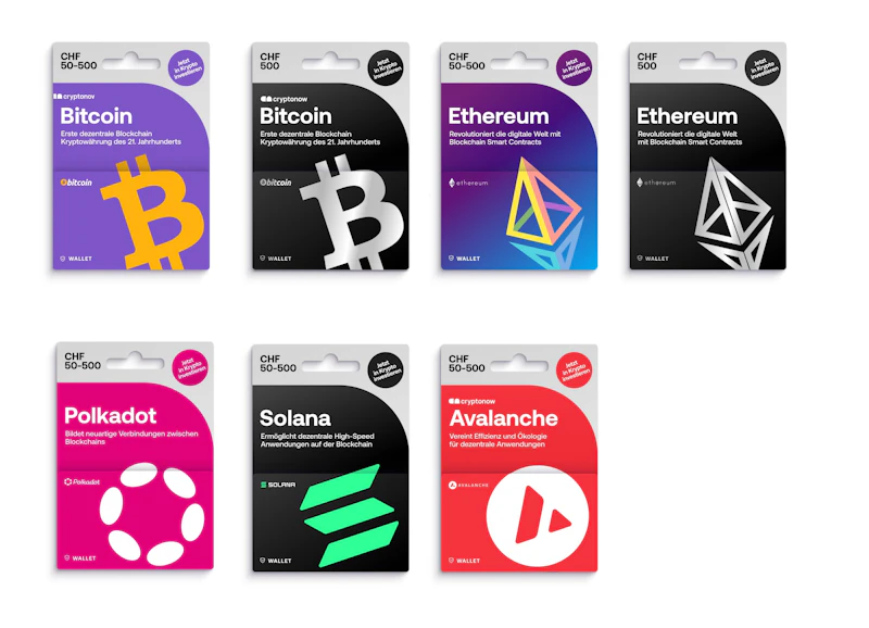 Available currencies on the Cryptonow gift card: Bitcoin, Ethereum, Avalanche, Polkadot, Solana