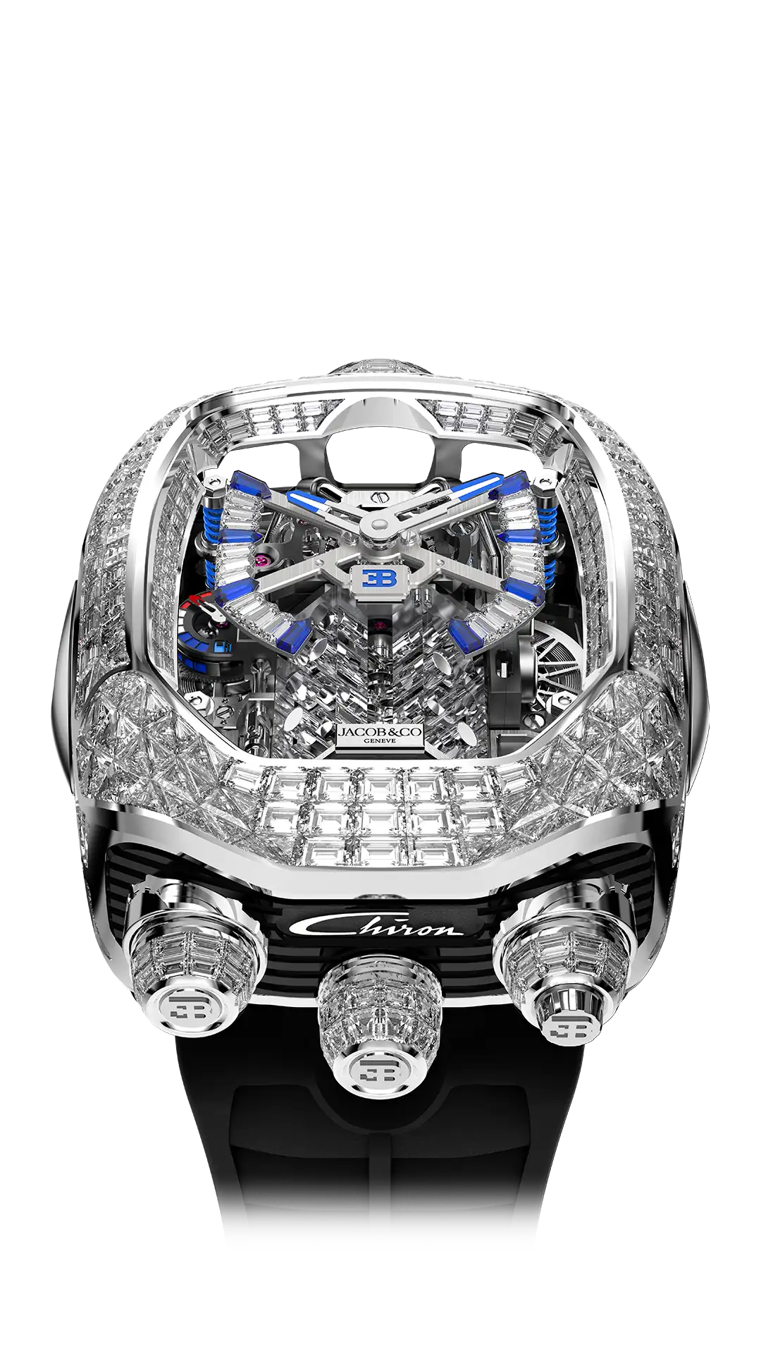 The white gold Bugatti Chiron Tourbillon baguette, set with white diamonds on the case, dial, and crowns.