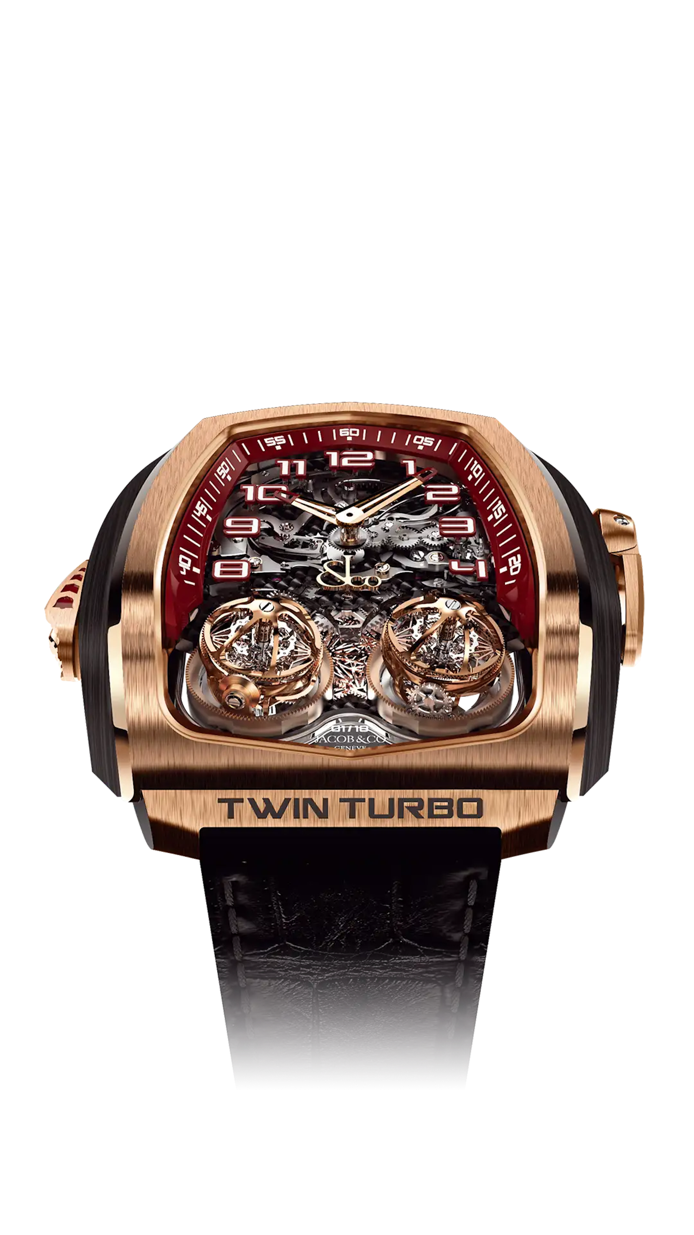 The rose gold Twin Turbo. A dial sits on the top half of the watch as two spinning tourbillons move below it.
