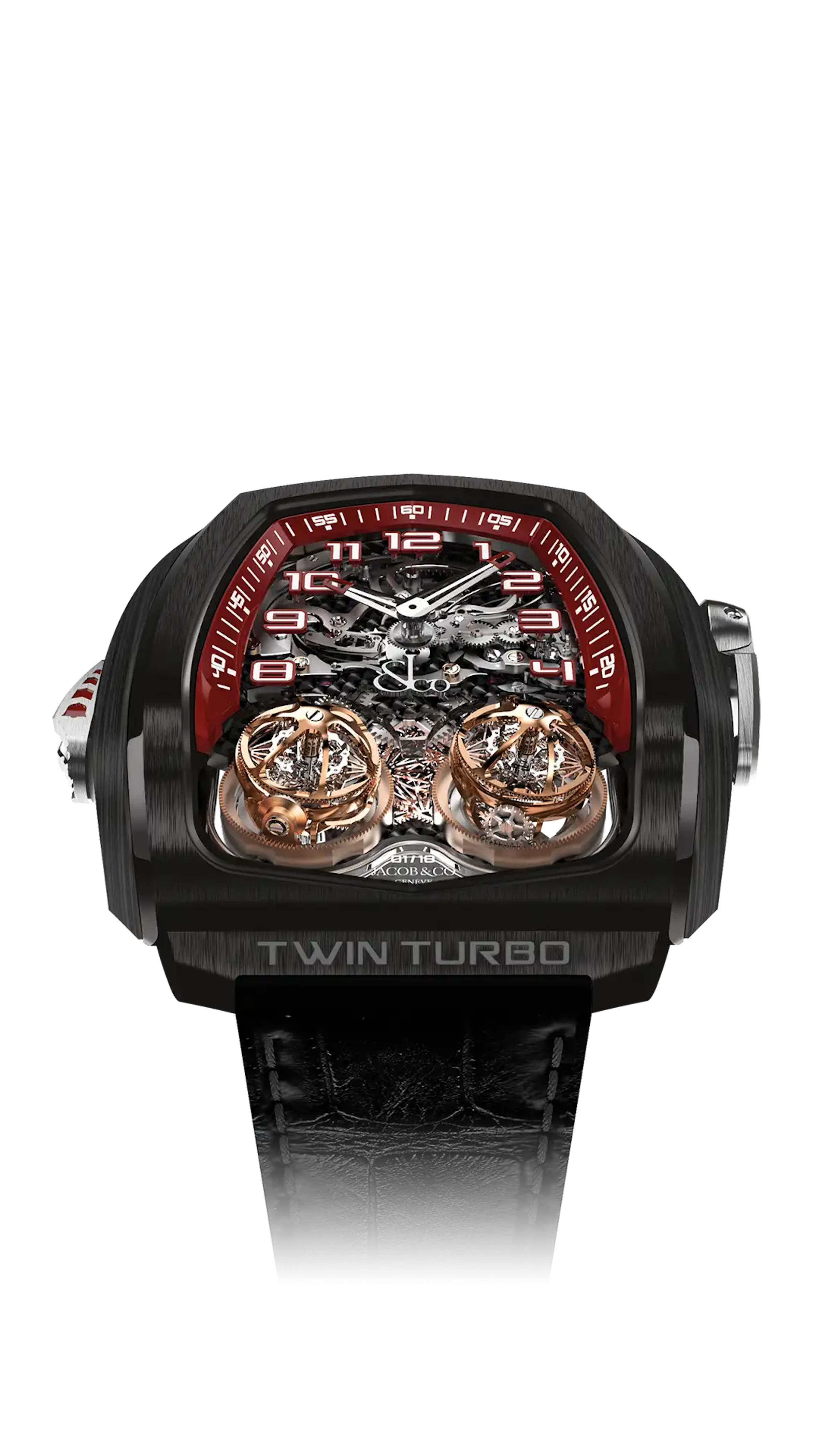 The black titanium Twin Turbo. A dial sits on the top half of the watch as two spinning tourbillons move below it.