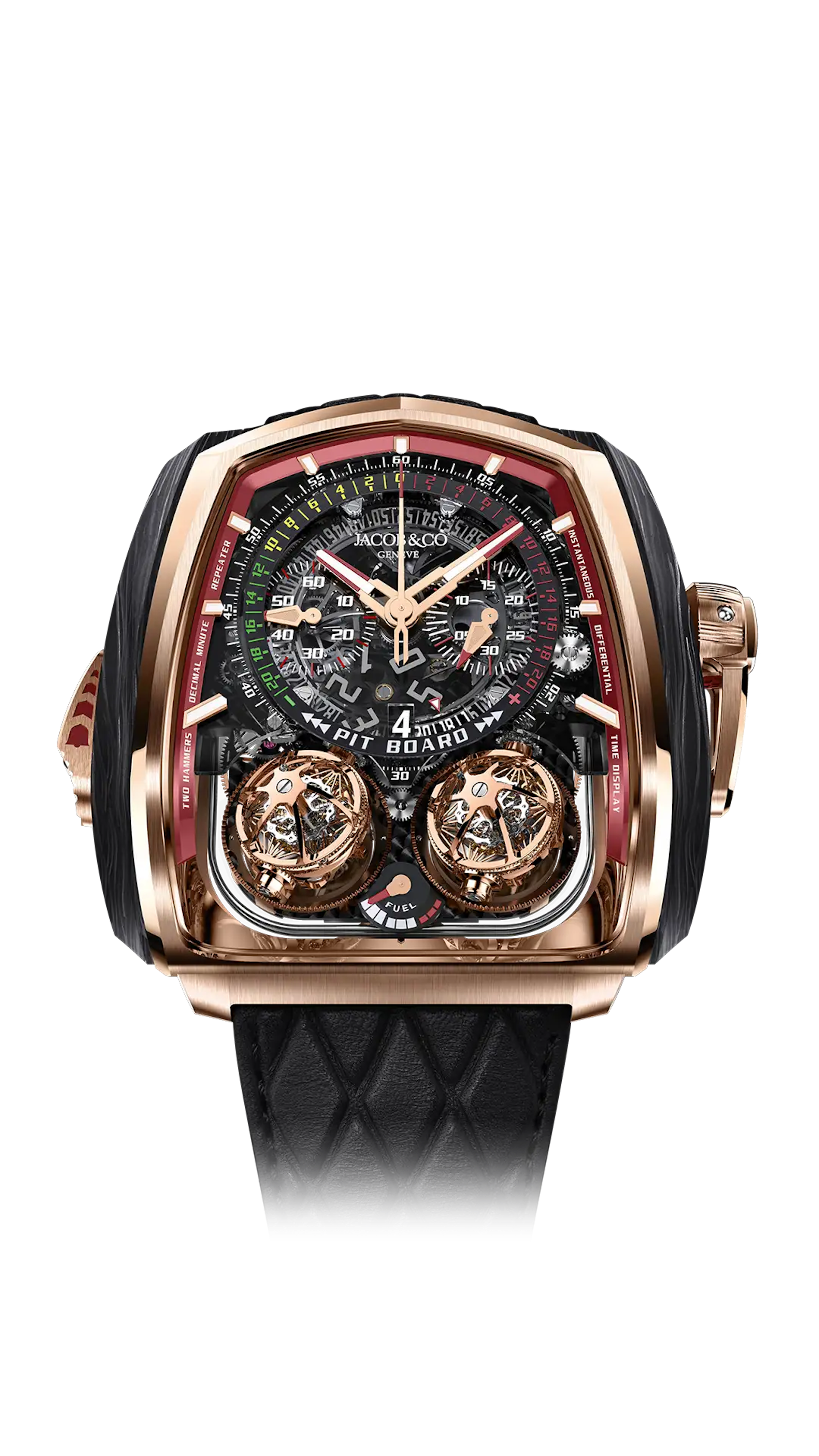 The rose gold Twin Turbo Furious, with a smoked sapphire crystal dial, red accents and a rose gold crank.