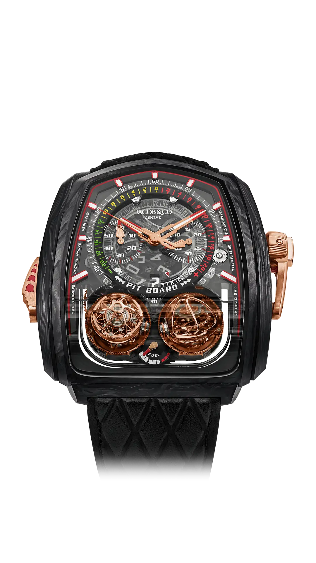 The carbon Twin Turbo Furious, with a smoked sapphire crystal dial, red accents, and a rose gold crank.