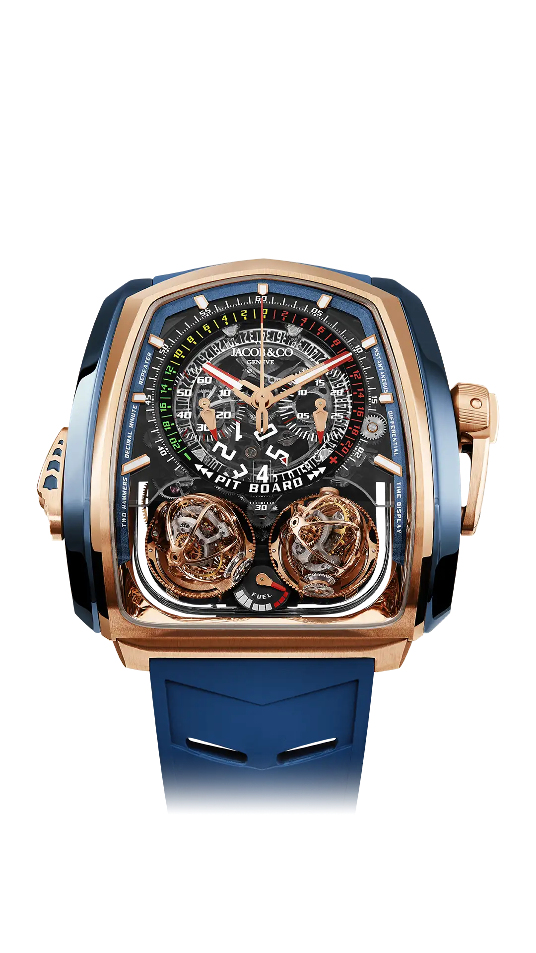 The blue titanium Twin Turbo Furious, with a smoked sapphire crystal dial, red accents, and a rose gold crank.