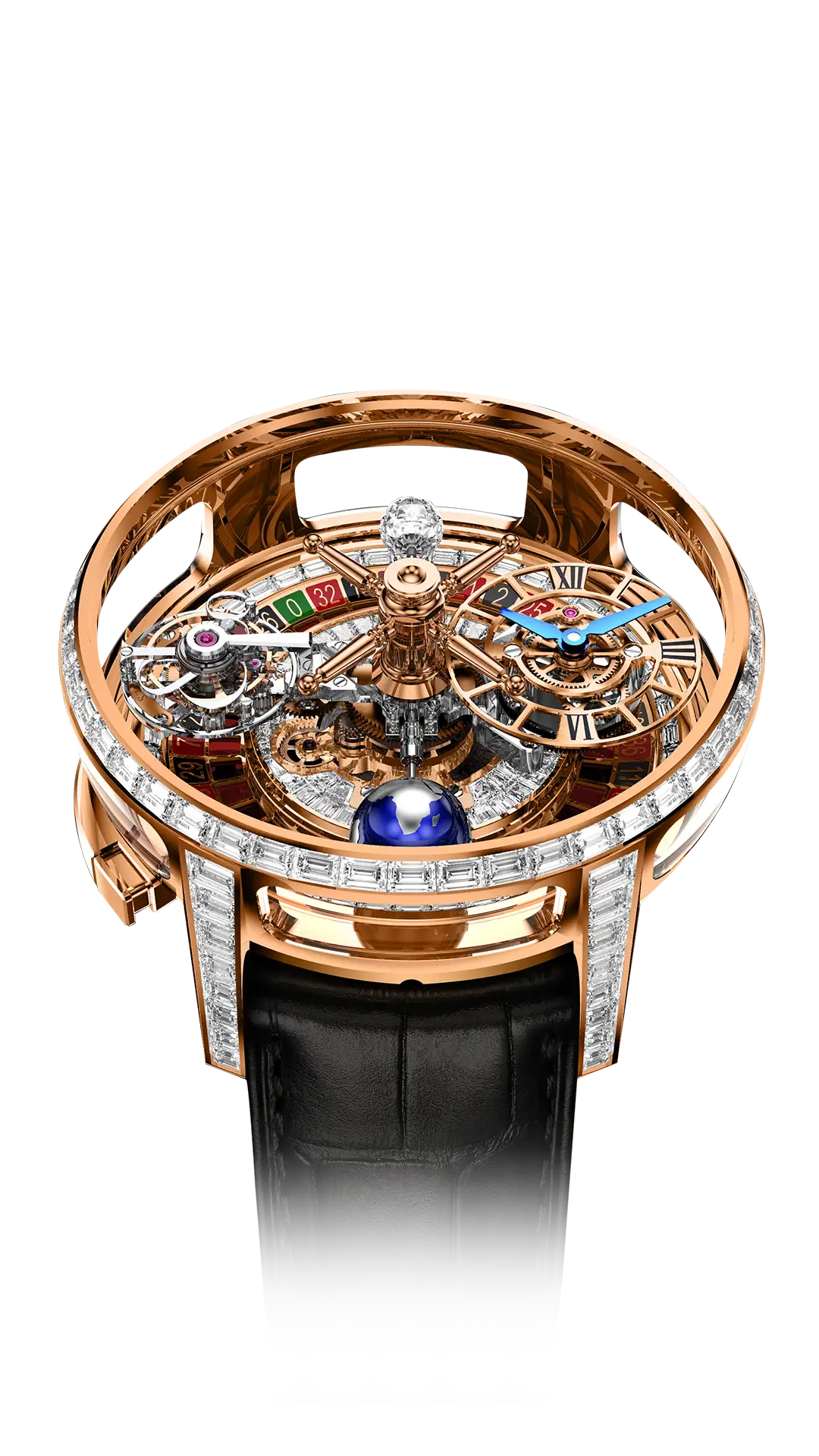 The rose gold Astronomia Casino, set with baguette-cut white diamonds across the bezel, lugs, and platform base.