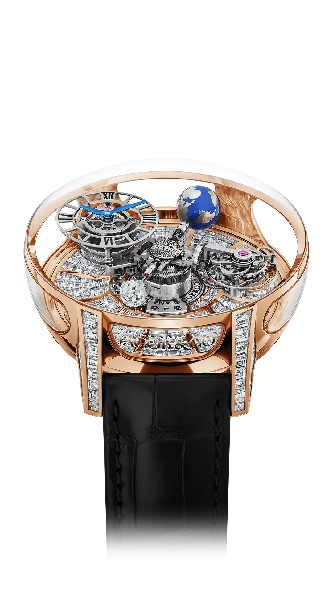 The rose gold Astronomia Tourbillon Baguette, set with white diamonds across the platform base and lugs.