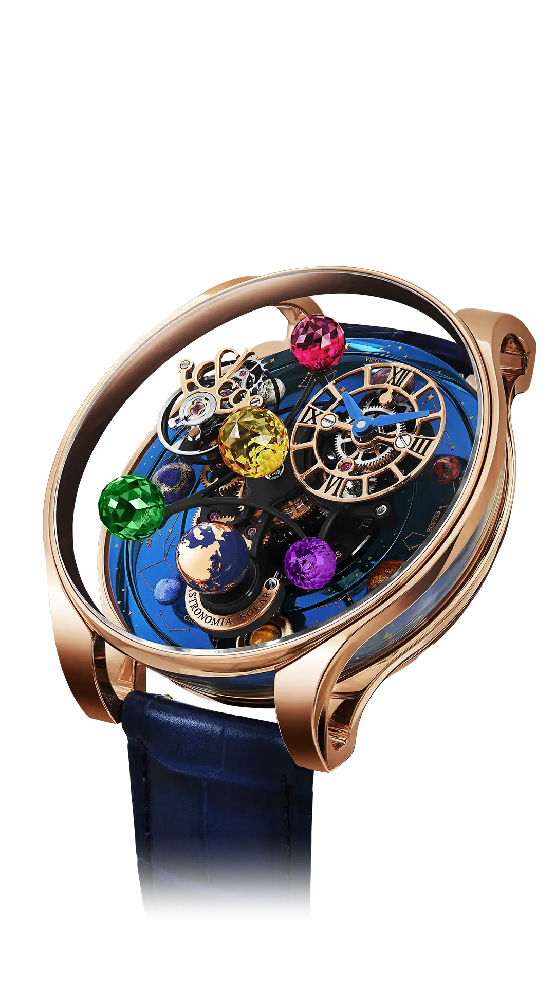 The rose gold Astronomia Solar Constellations, with a constellation platform, a skeleton dial, and multicolored planets.
