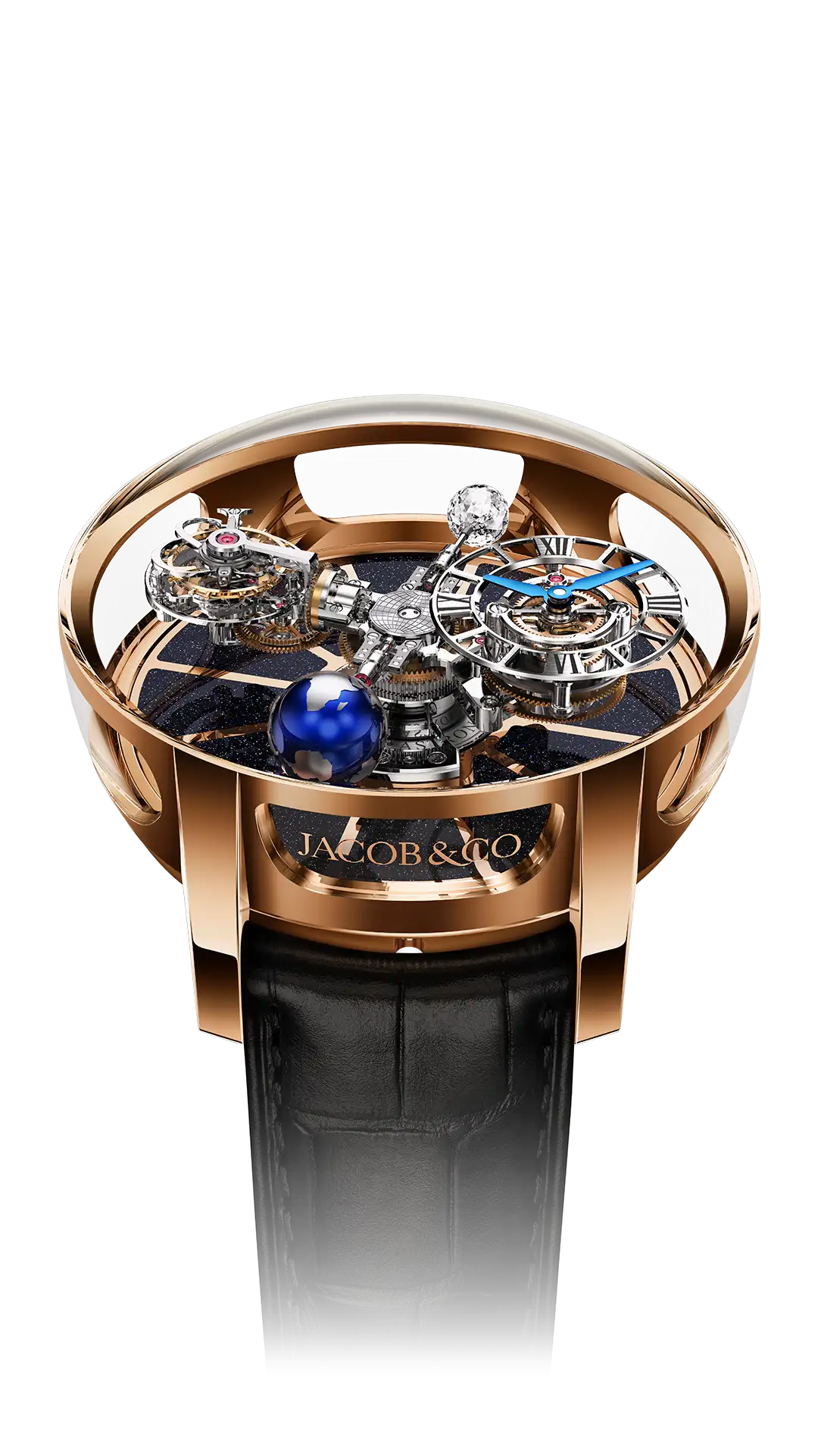The rose gold Astronomia Tourbillon, with a black platform base, the Earth, and moon.