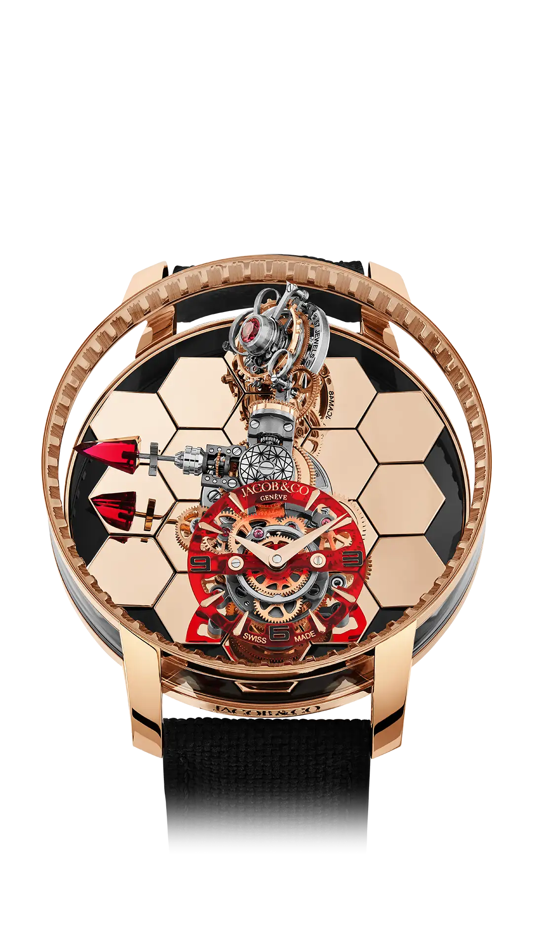 The rose gold Astronomia Revolution, with rose gold honeycomb mirrors in the platform base, and a red skeleton dial.