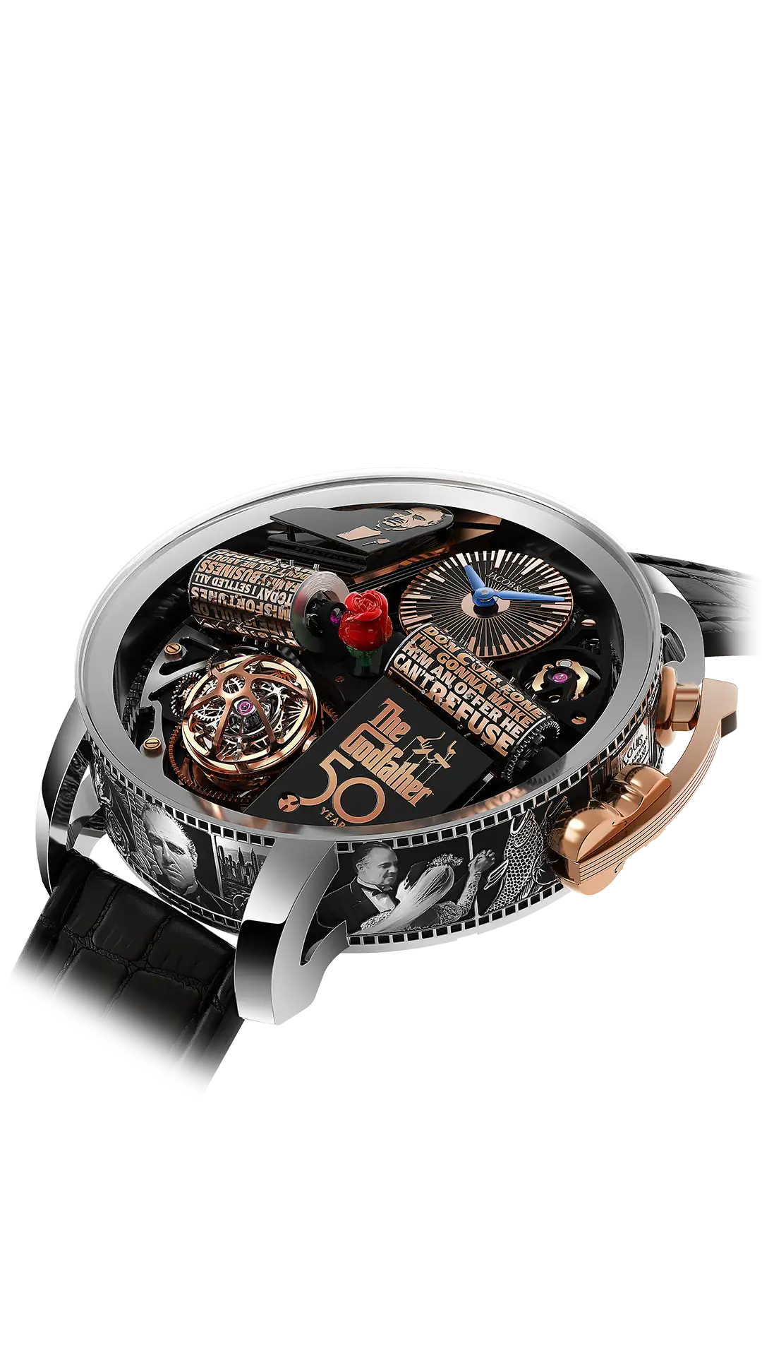 The white gold Opera Godfather 50th Anniversary has a rose gold violin crank & imagery on the cylinders case & music box