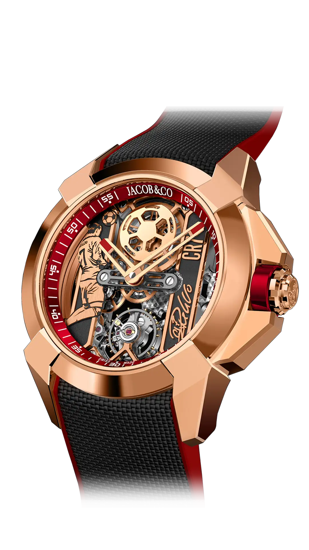 The rose gold Epic X CR7, with red accents and a red mineral caseback.