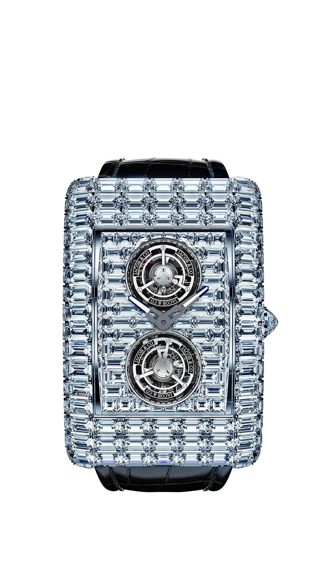 The white gold Billionaire Double Tourbillon, a baguette-cut diamond watch with two tourbillons beneath the watch hands.