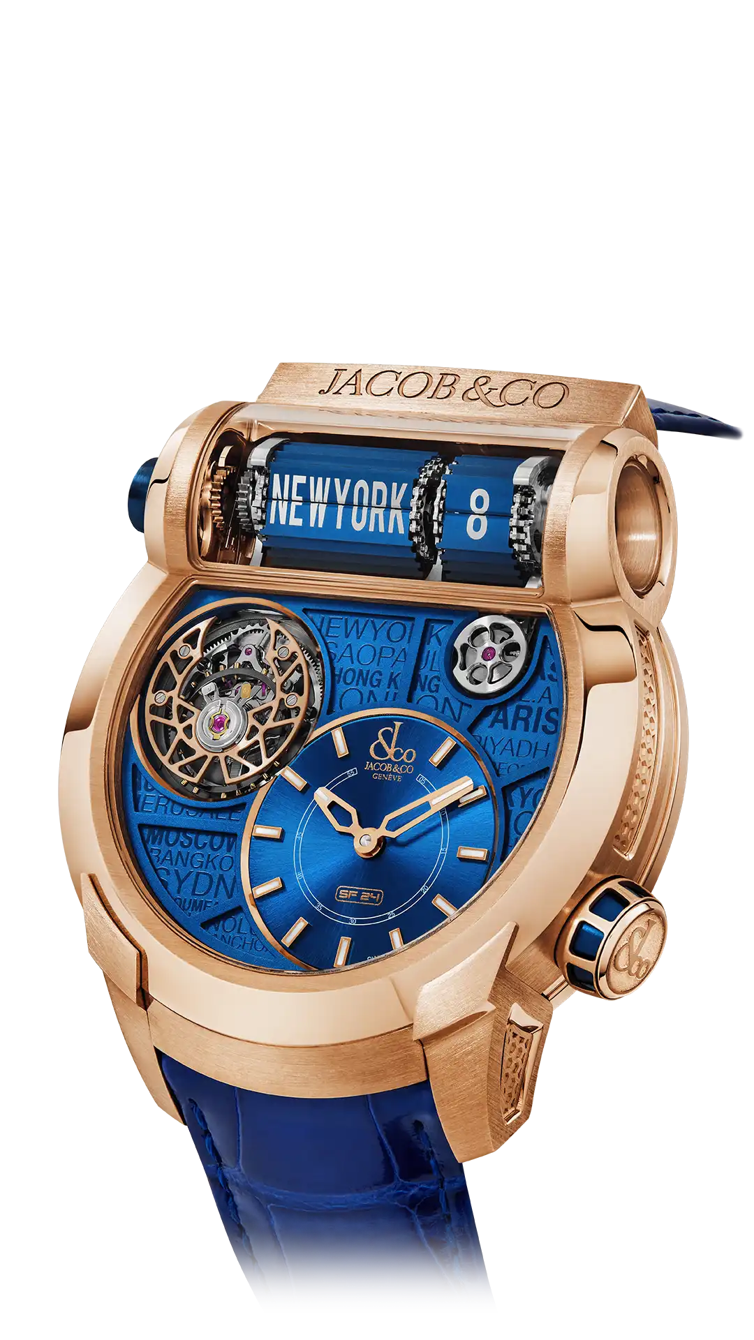 The rose gold Epic SF24, with a blue ciy dial.