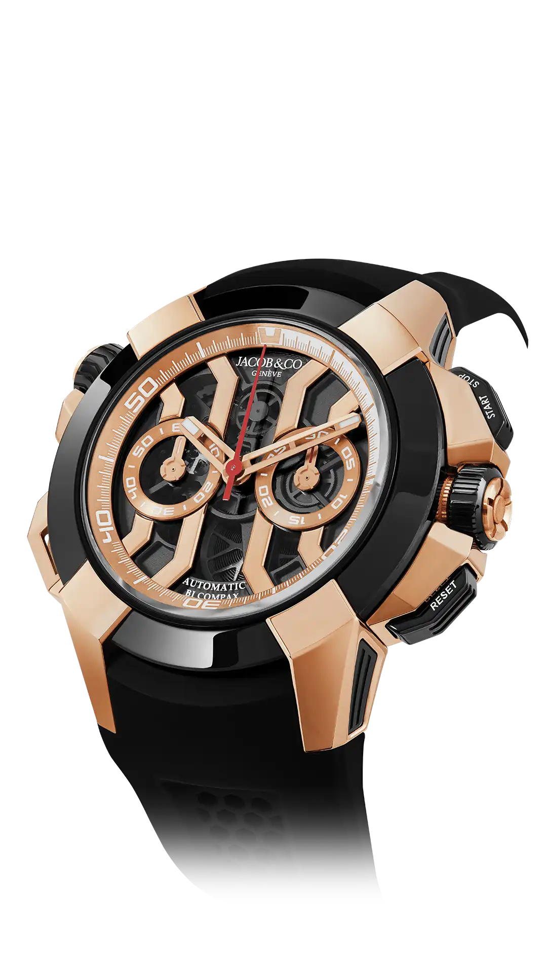 The rose gold Epic X Chrono 47-millimeter, with a black ceramic bezel and black mineral dial.