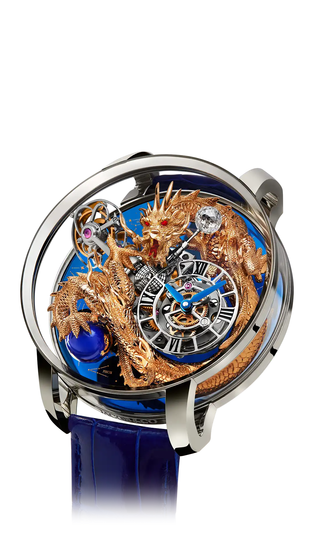 The platinum Astronomia Dragon. Within is a rose gold dragon figurine, above a blue constellation dial.