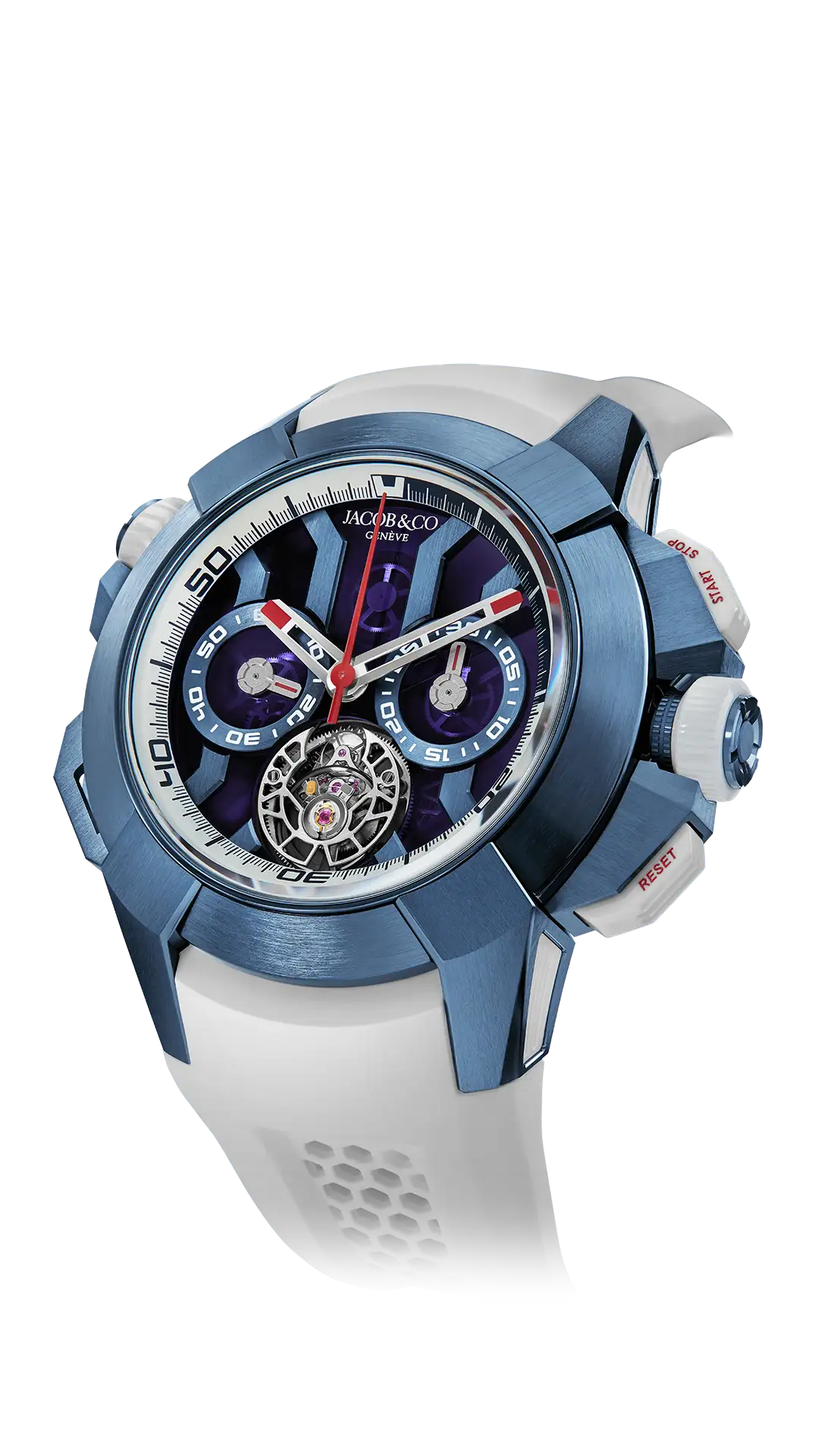 The blue titanium Epic X Chrono Tourbillon, with a blue titanium bezel and white crowns and pushers.