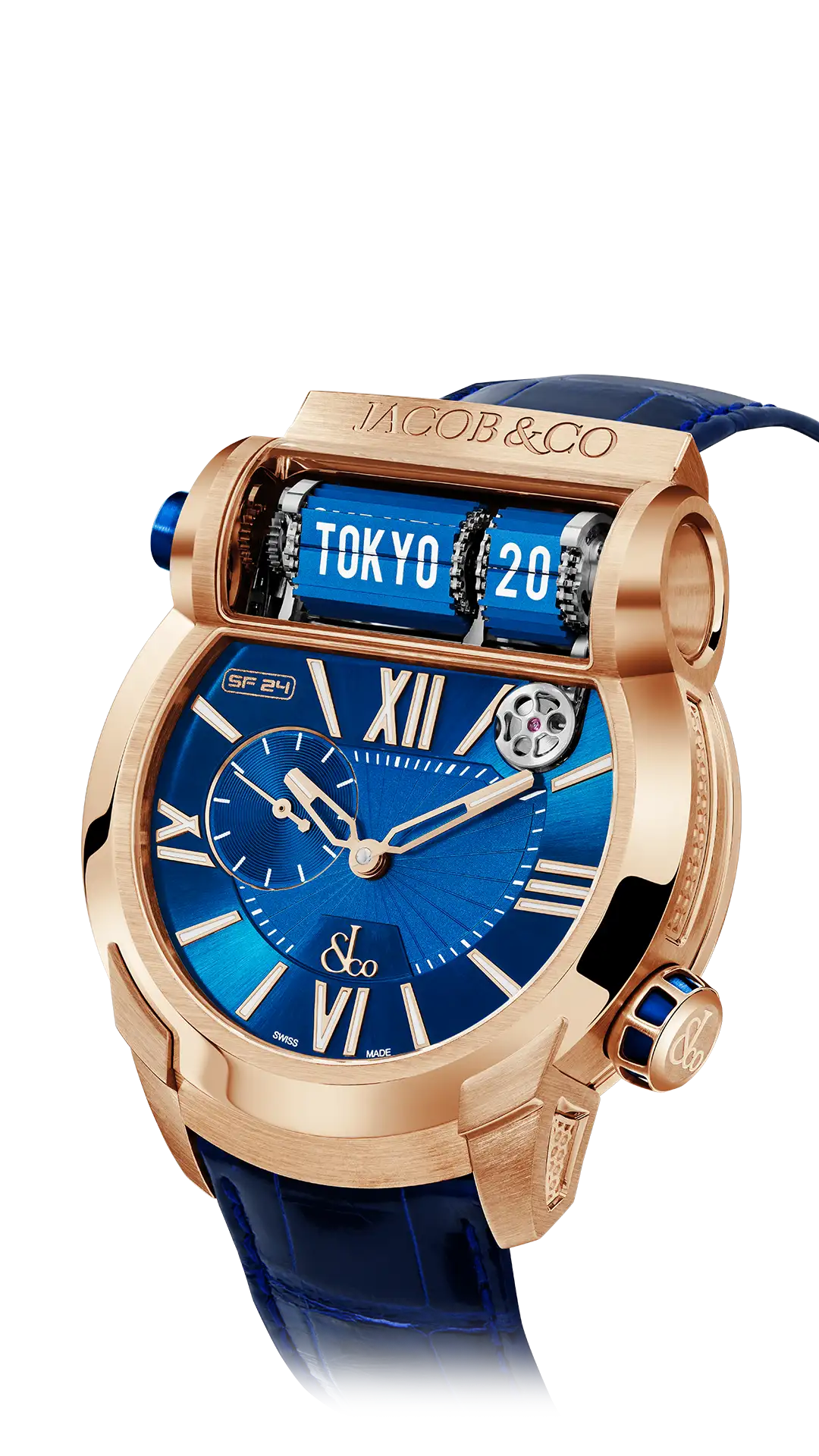 The rose gold Epic SF24, with blue dial and accents.