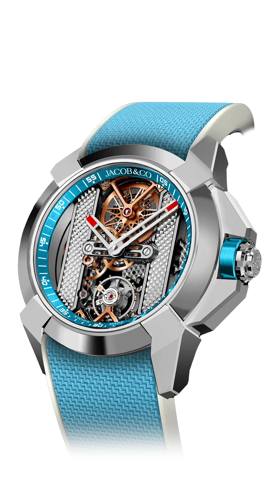 The stainless steel Epic X Bridges, with electric blue accents and rose gold movement.