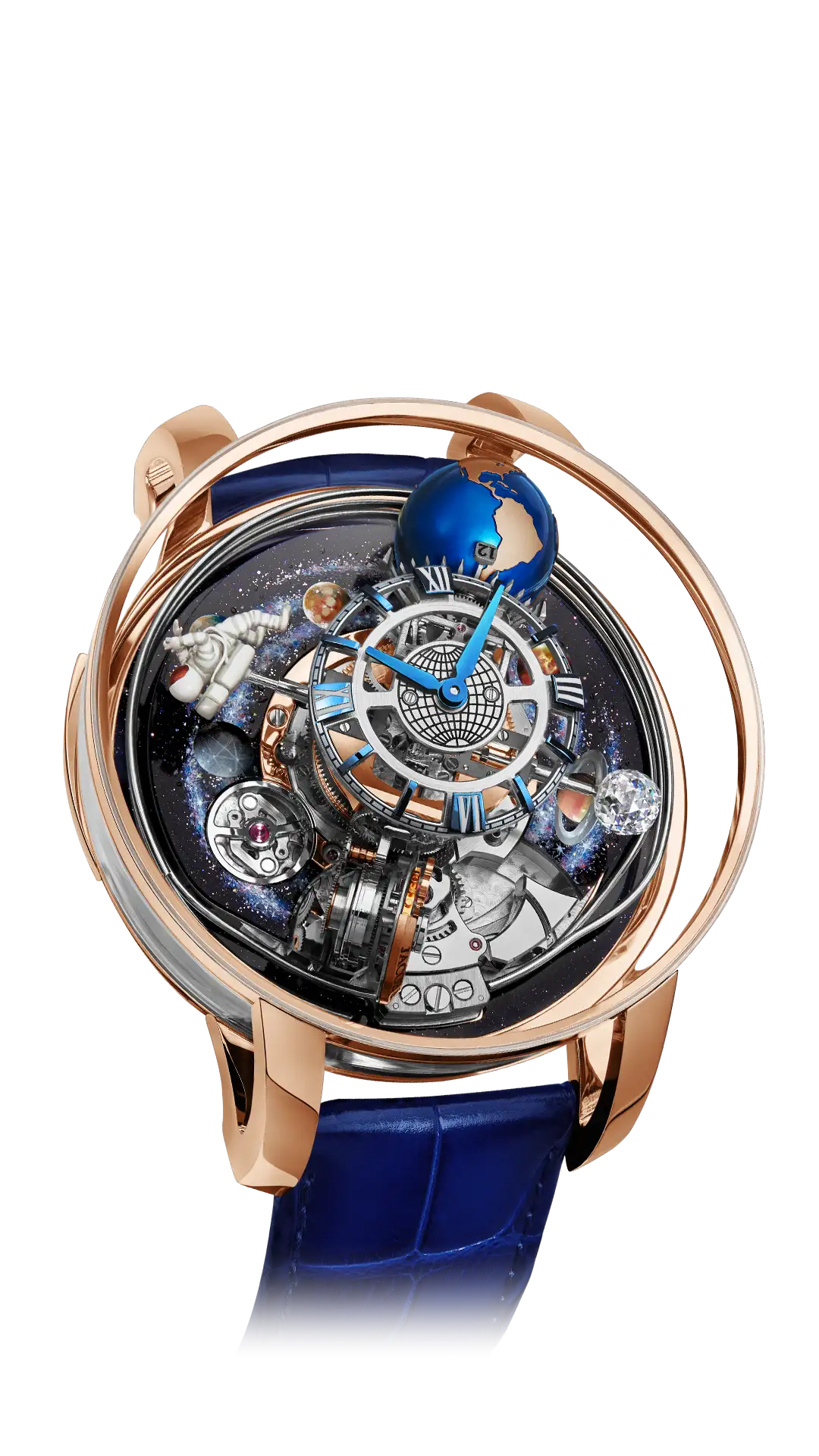 The rose gold Astronomia Maestro has a galaxy platform dial, a rotating, floating astronaut, the earth, and moon.