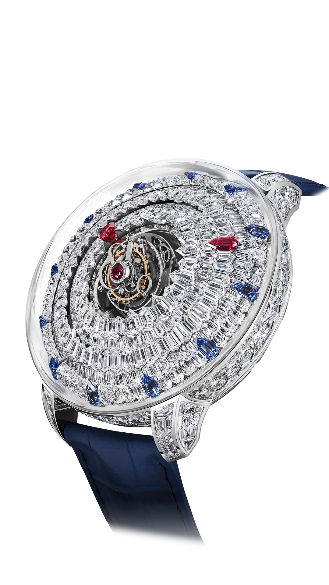 The white gold Mystery Tourbillon, with a diamond "dial", ruby hands, and blue sapphire hour markers.