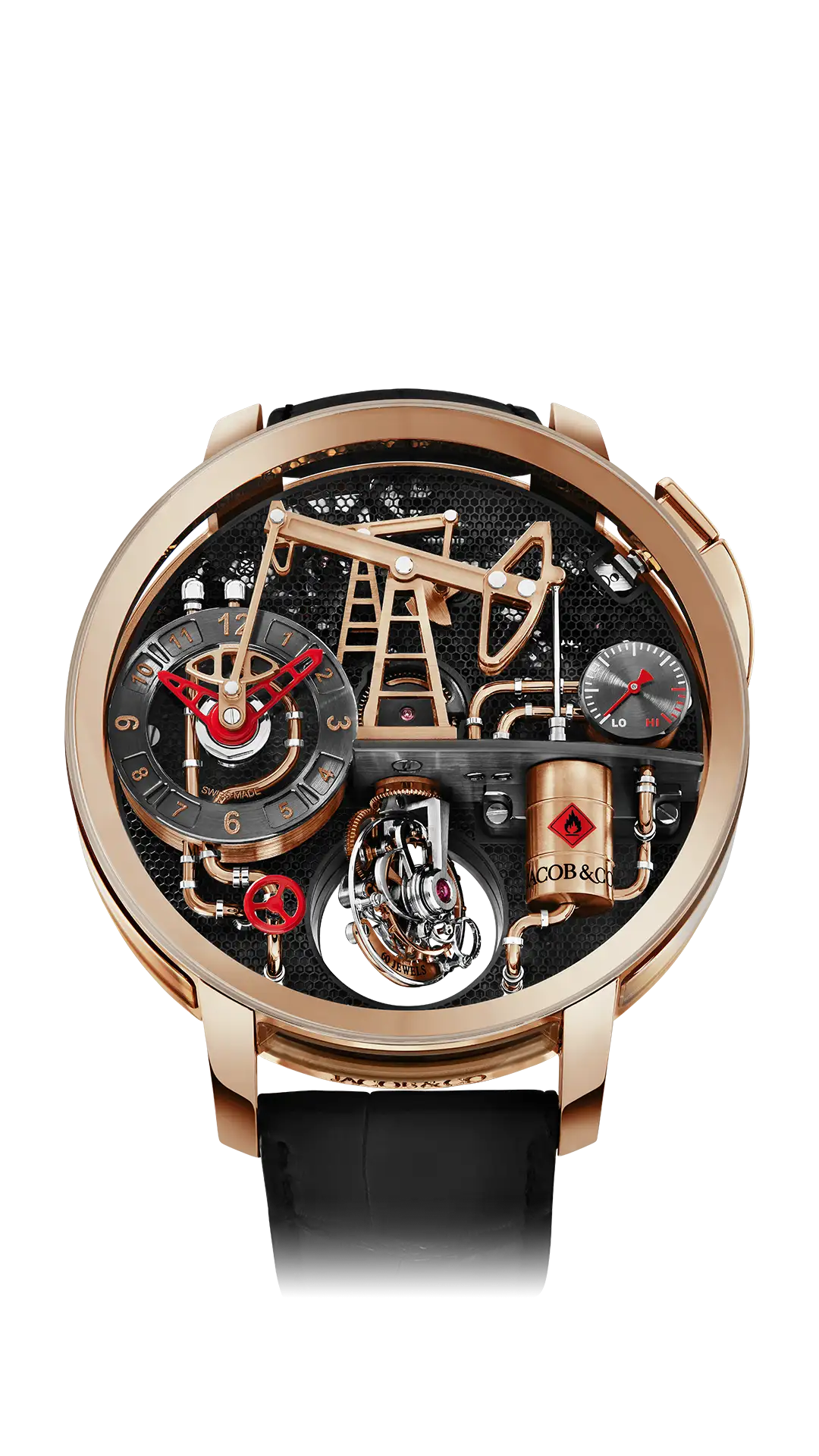 The rose gold Oil Pump watch, with rose gold-plated details and red accents.
