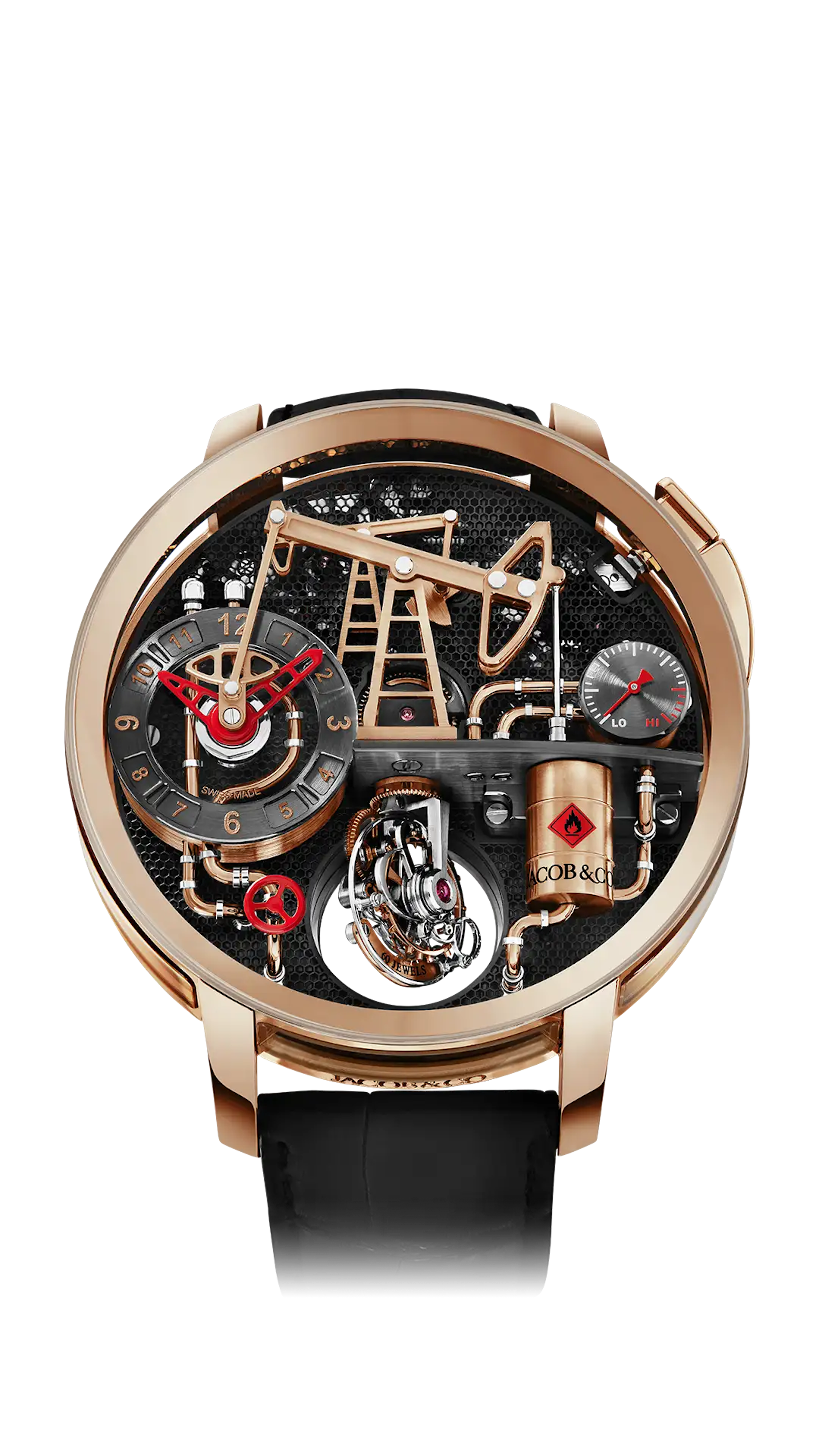 The rose gold Oil Pump watch, with rose gold-plated details and red accents.