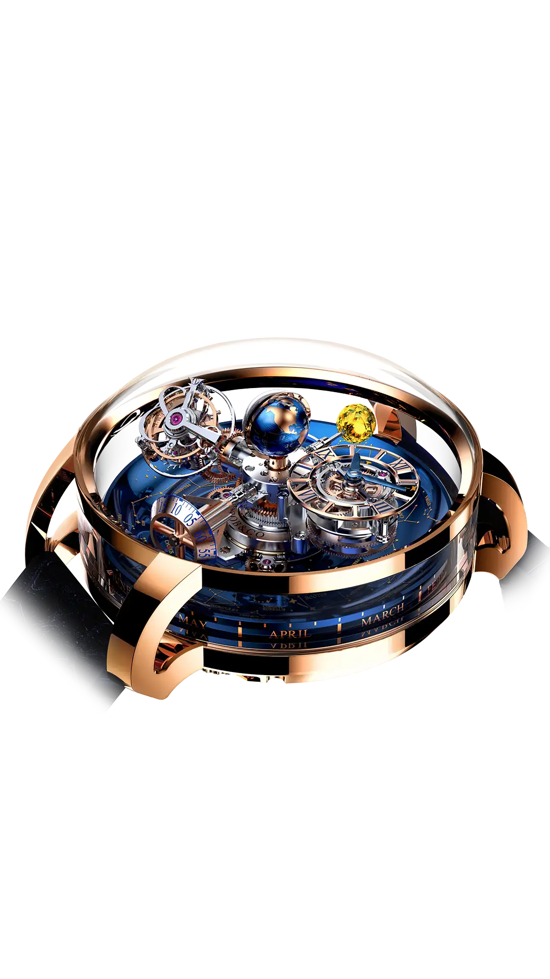 The rose gold Astronomia Sky, with a blue platform dial and a yellow sapphire moon.