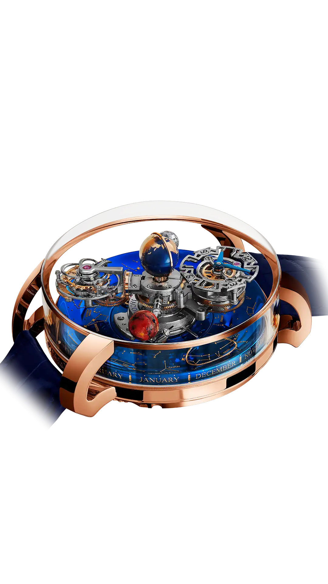 The rose gold Astronomia Sky, with a blue platform dial and the planet Mars.