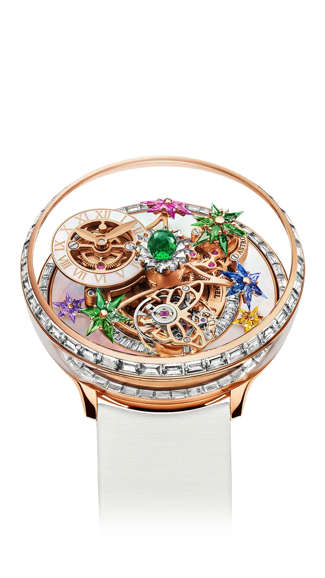 The rose gold Fleurs de Jardin, with a baguette-cut, diamond bezel and multicolored flowers.
